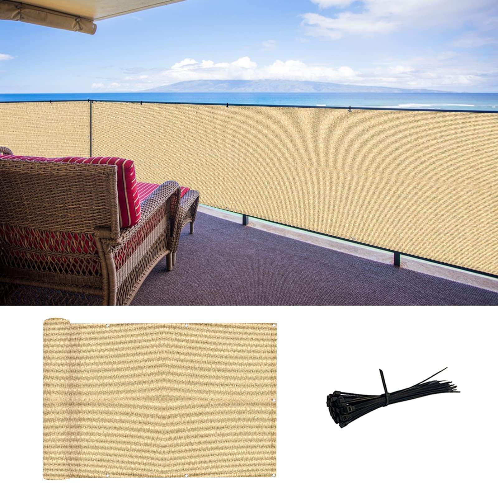 Sunlax 3X10 Sand Balcony Privacy Screen Fence Windscreen Cover Fabric Shade Netting Mesh Cloth With Grommets Uv Protection For P