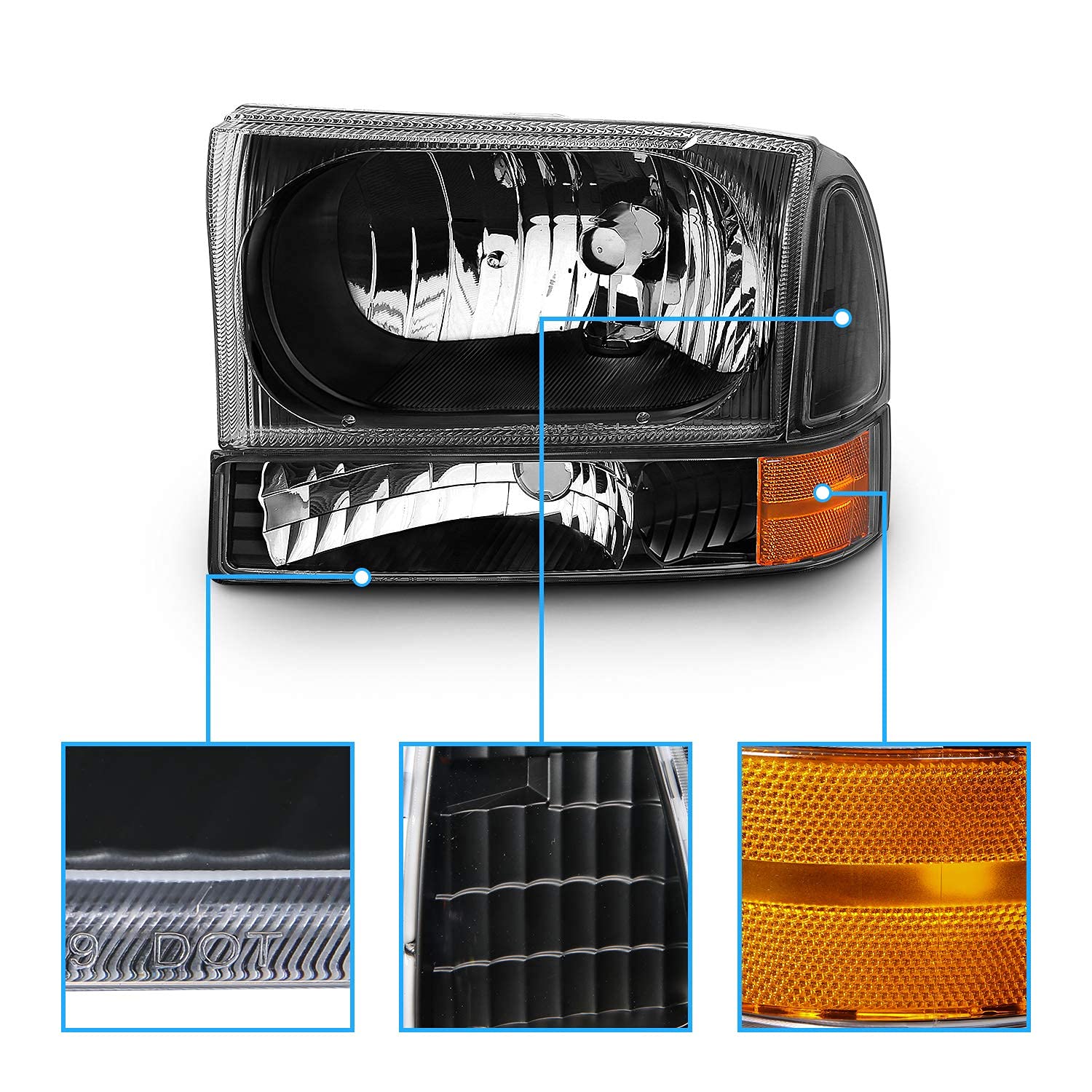 AmeriLite Black Factory Style Replacement Headlights for 1999-2004 Ford Super Duty F250 F350 F450 F550 & Excursion - Driver & Passenger Side
