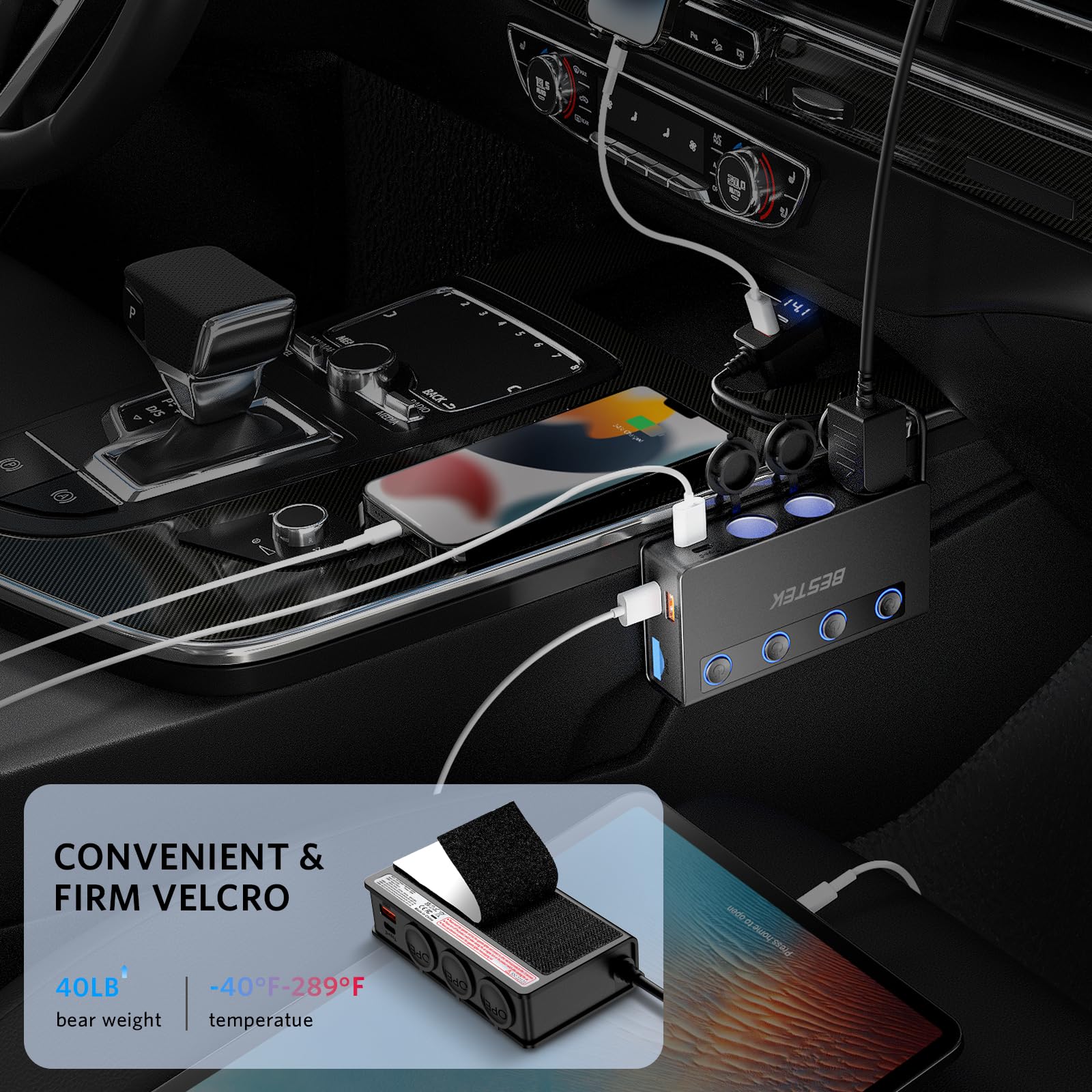 Bestek 180W Cigarette Lighter Splitter, 3-Socket Cigarette Lighter Adapter With Pd36W/65W And Qc3.0 18W*4 Charging Ports, Led Voltage Display Super Fast Charger Adapter For 12V/24V Vehicles