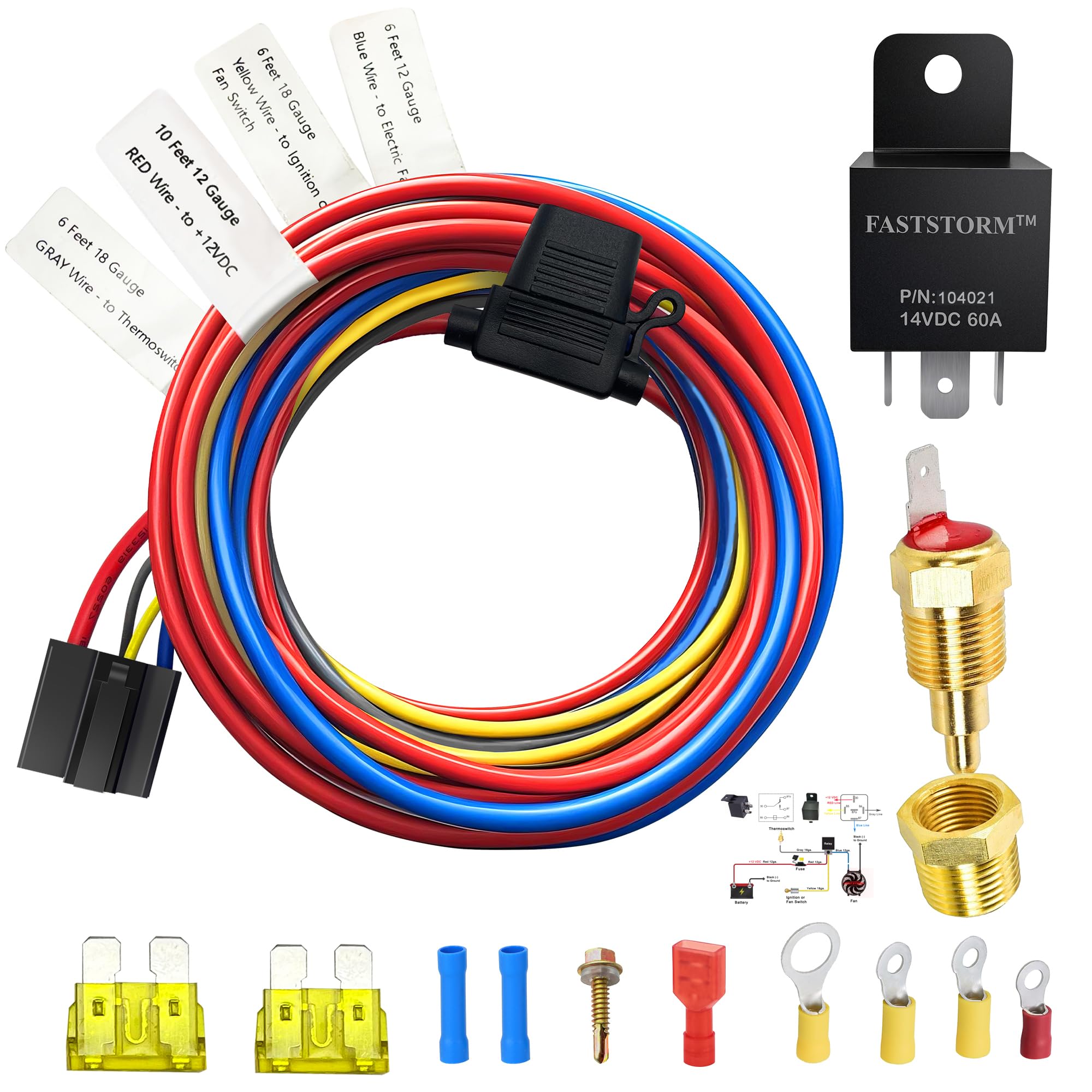 FASTSTORM Electric Fan Relay Kit 12V 60 AMP Electric Radiator Cooling Waterproof Fan Relay Kit with Thermostat Control Switch 18