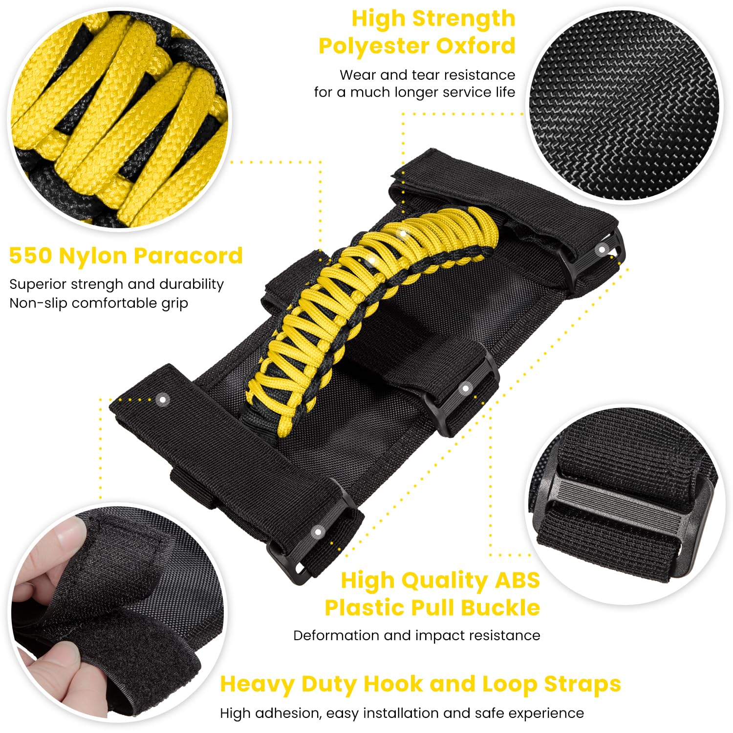 E-Cowlboy Roll Bar Grab Handles Grip Handle For Jeep Wrangler Yj Tj Jk Jku Jl Jlu Sports Sahara Freedom Rubicon Unlimited X Gladiator Jt 1955-2023 Utv Atv Premium Paracord (Yellow 2 Pack)
