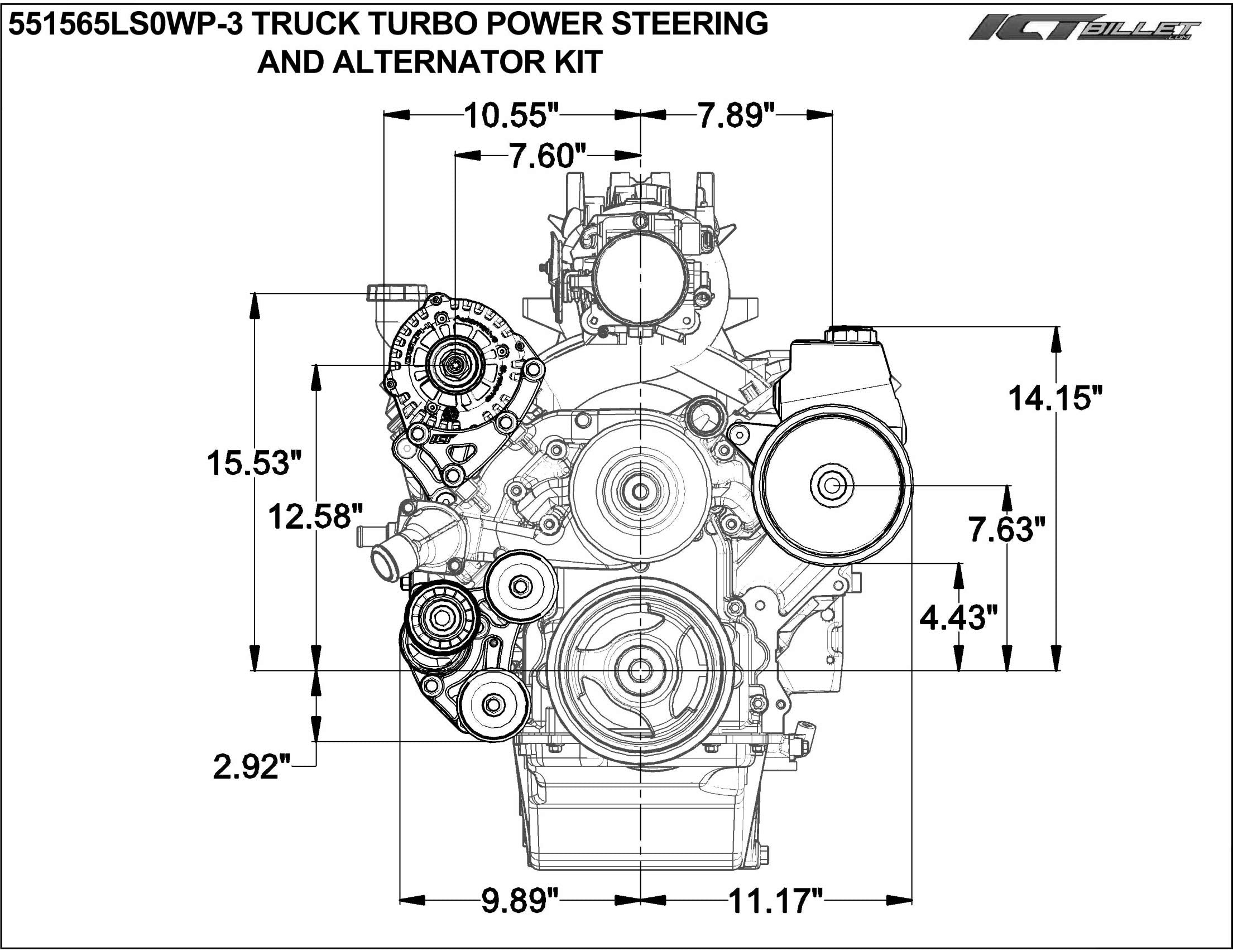 ICT Billet LS Turbo Alternator & Power Steering Bracket Kit, Aluminum, Model 551565LS0WP-3, Compatible with GM Chevy LS Engines