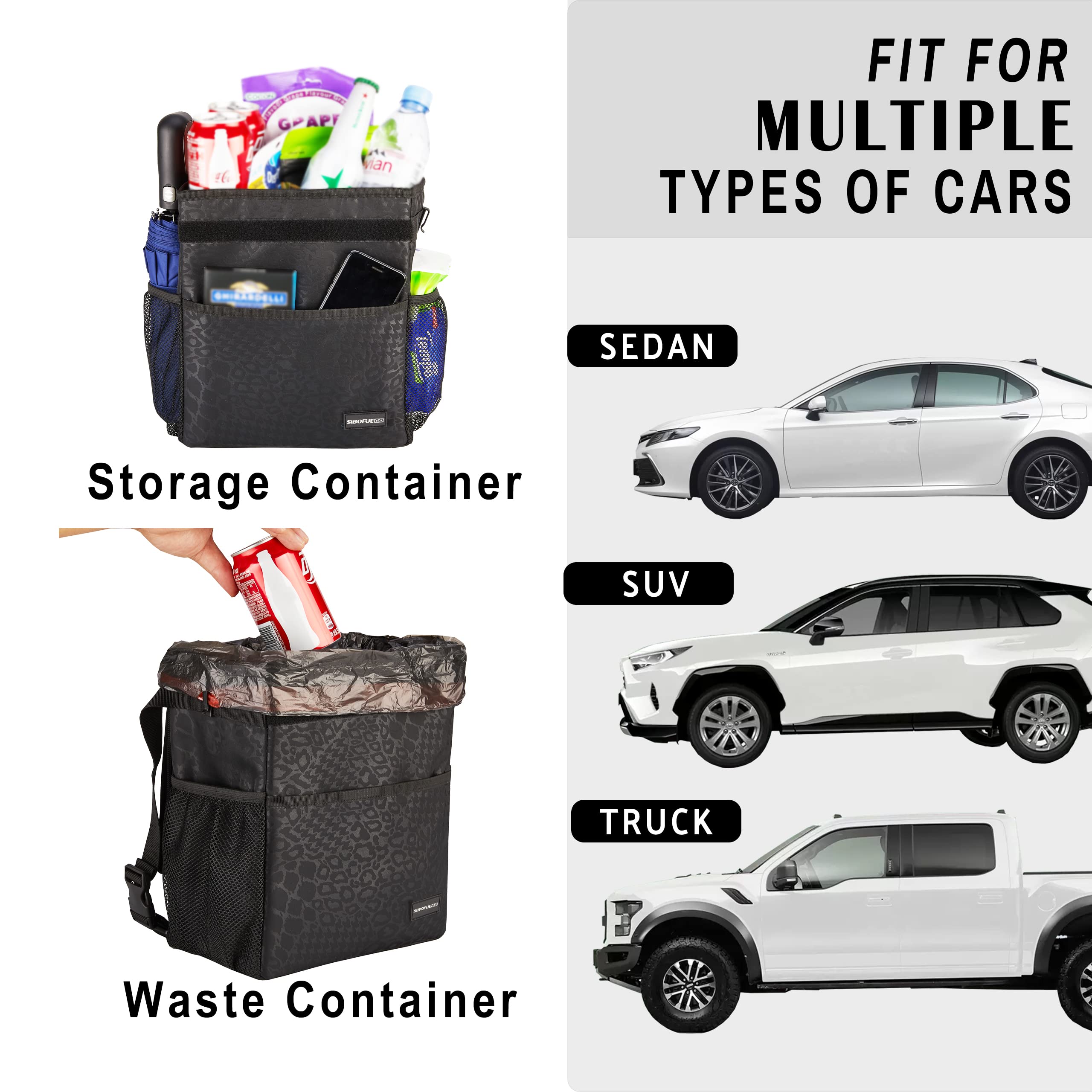 SIBOFUEGO Cute Car Trash Can - Leak Proof, Waterproof, 2.5 Gallons, Black Leopard, Collapsible with Storage Pockets, Model SIBOCTC202108