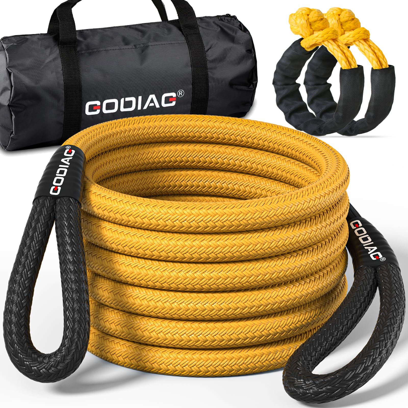 Godiag 1''  20Ft Kinetic Recovery Rope (33000Lbs) Heavy Duty Energy Tow Rope With 2 Soft Shackles, Offroad Power Stretch Snatch