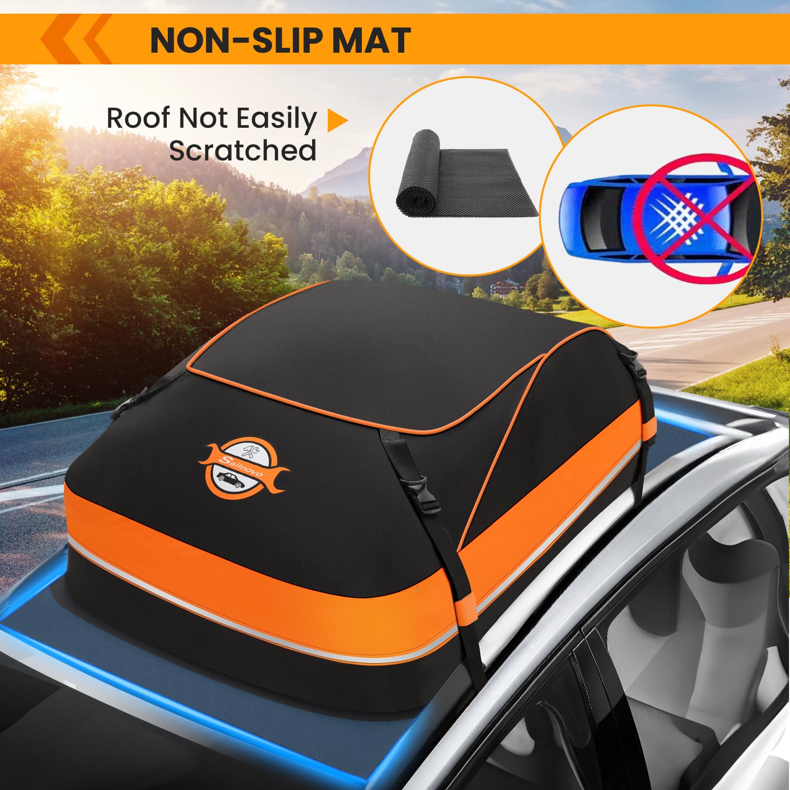 Sailnovo Rooftop Cargo Carrier – 15 Cubic Feet Waterproof Soft-Shell with Anti-Slip Mat & Safety Hooks – Orange, Model #ONLD005033
