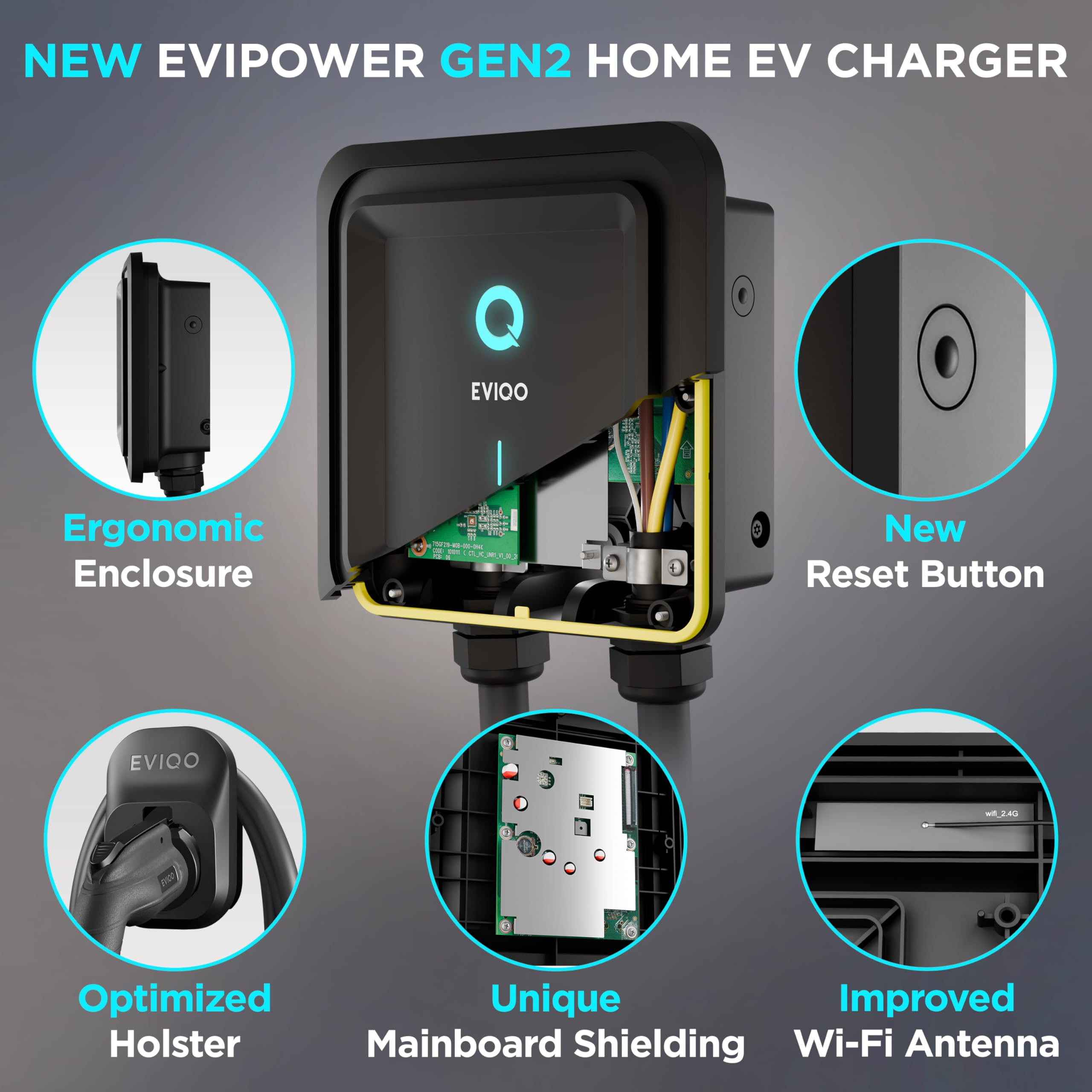 EVIQO Level 2 EV Charger - 40 Amp, 9.6 kW, NEMA 14-50 Plug, 25' J1772 Cable, UL/ETL