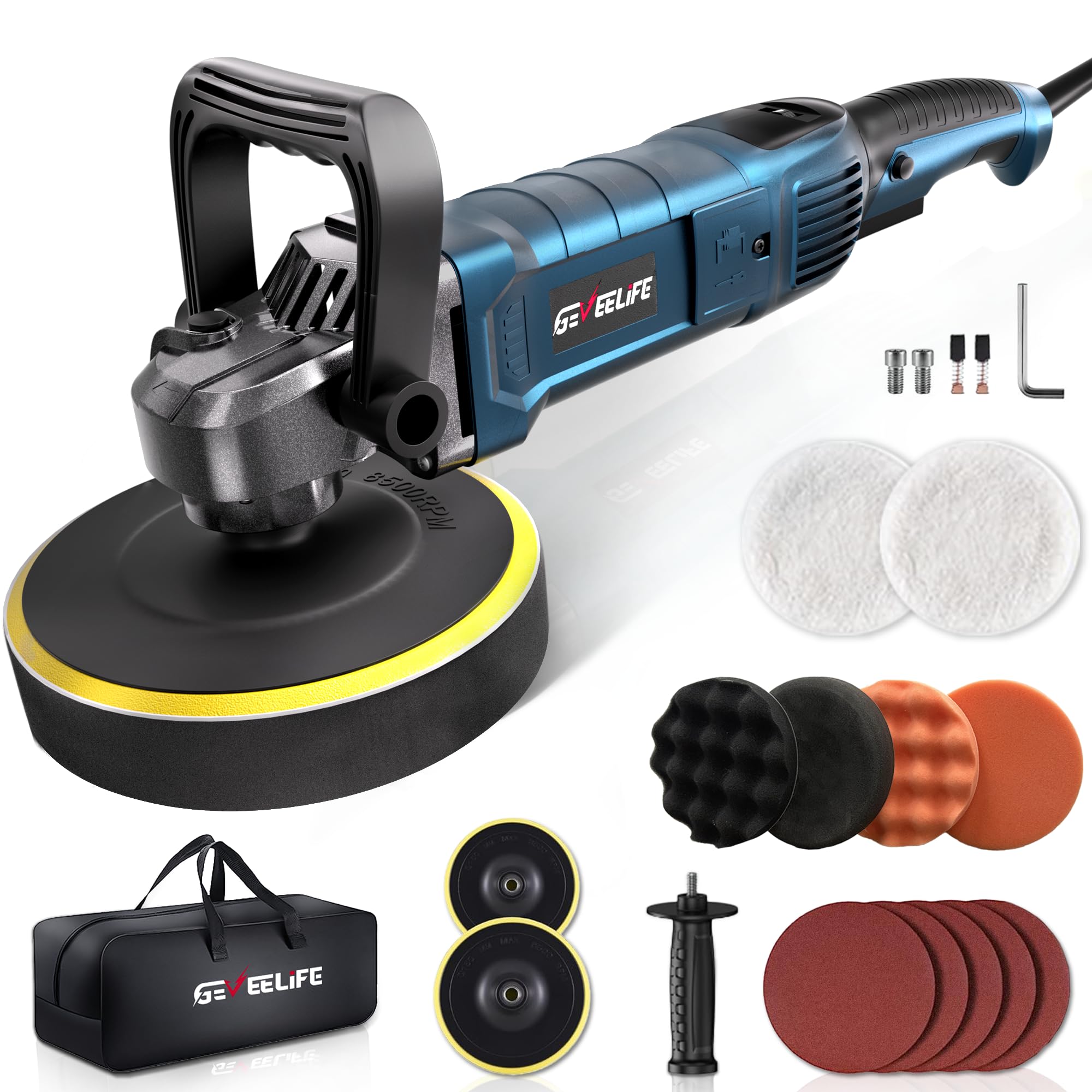 Geveelife Buffer Polisher, 6 Inch/7 Inch 1600W Rotary Car Buffer Polisher Waxer, 7 Variable Speed 1000-3500 Rpm, Detachable Hand