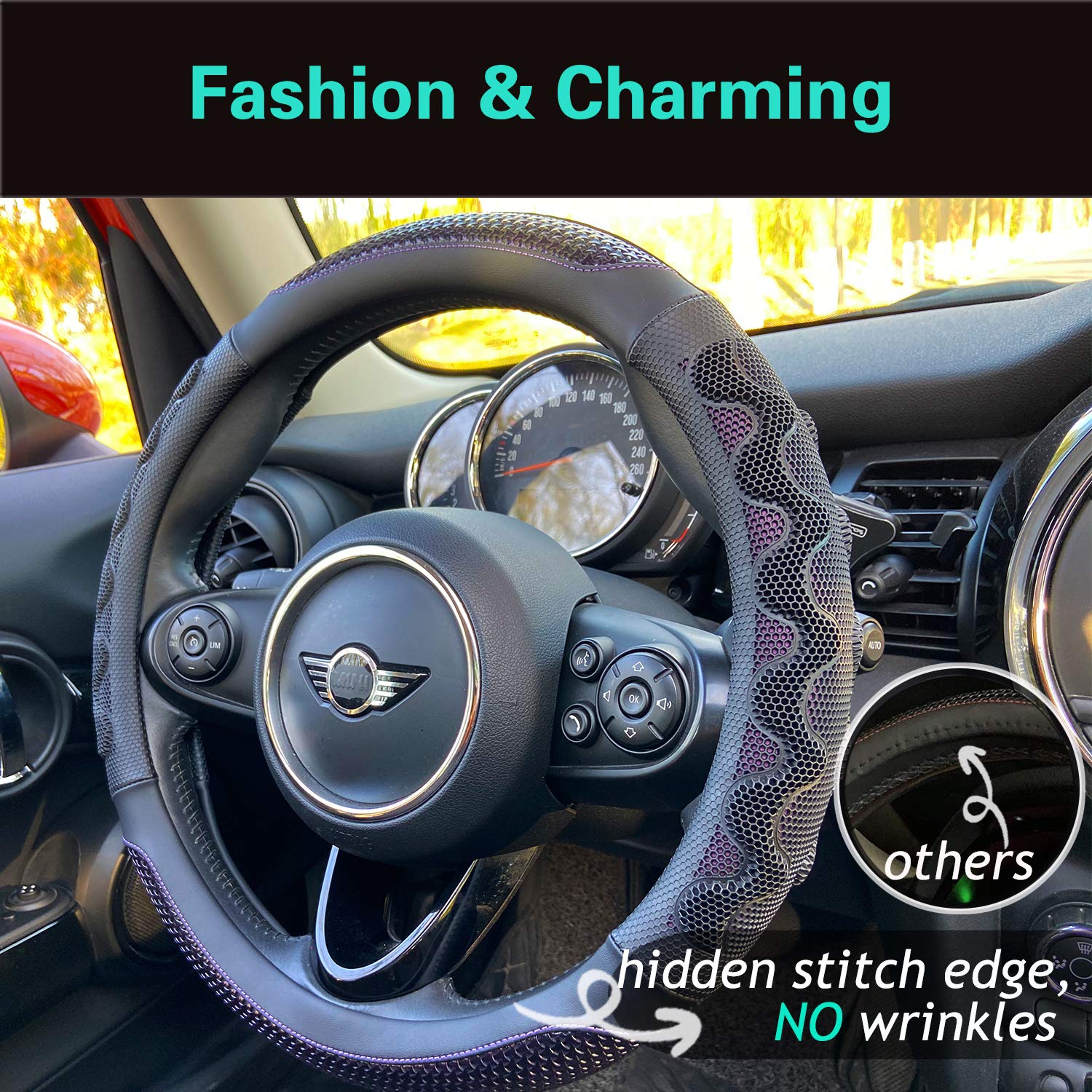 Pinctrot Large Size Steering Wheel Cover Great Grip With 3D Honeycomb Anti-Slip Design, 15.5-15.75 Inch (Purple)