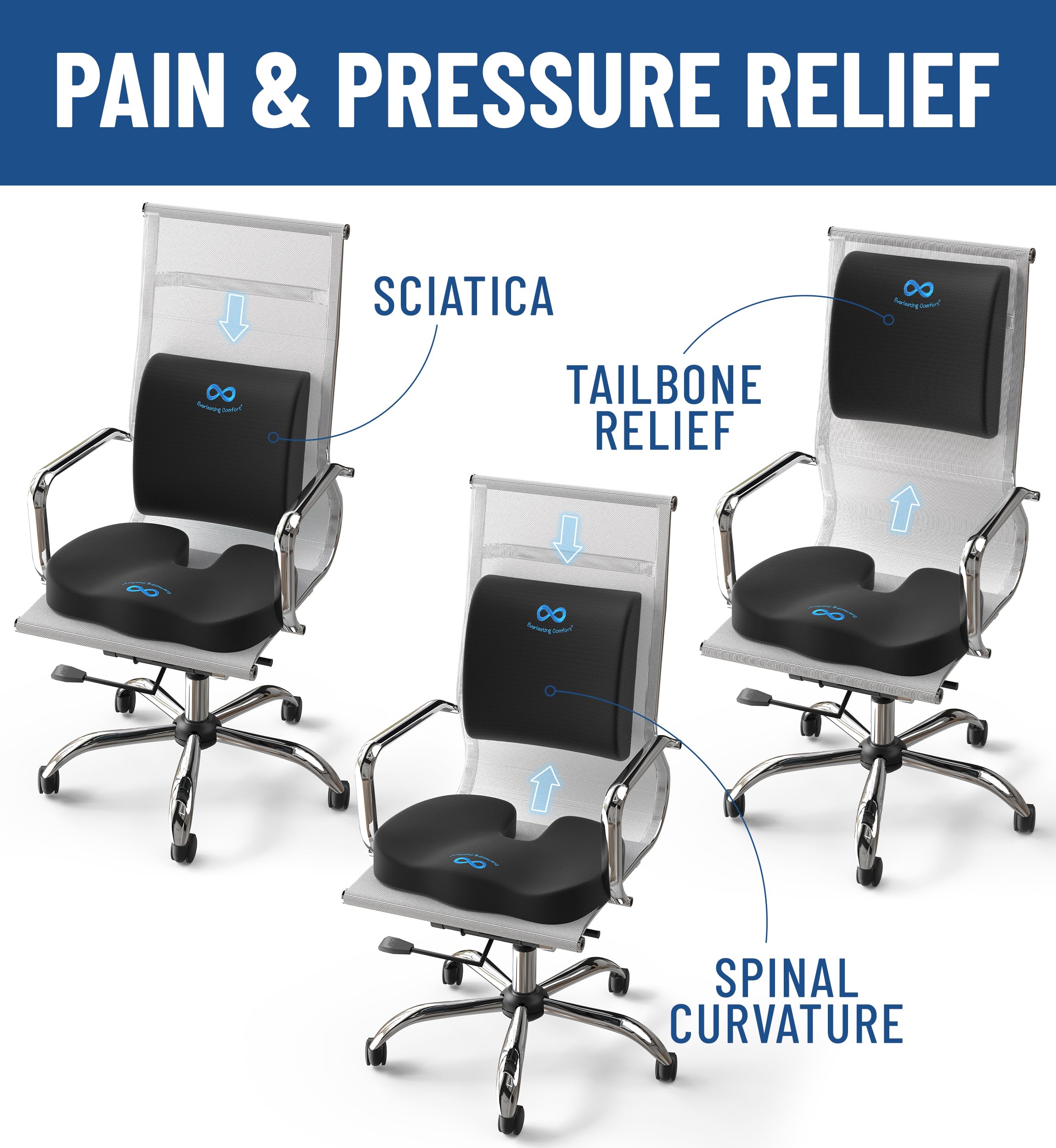Everlasting Comfort Lumbar Support & Office Chair Cushion Combo - Gel Memory Foam Chair Cushions For Desk, Car Seat, Travel - Ba