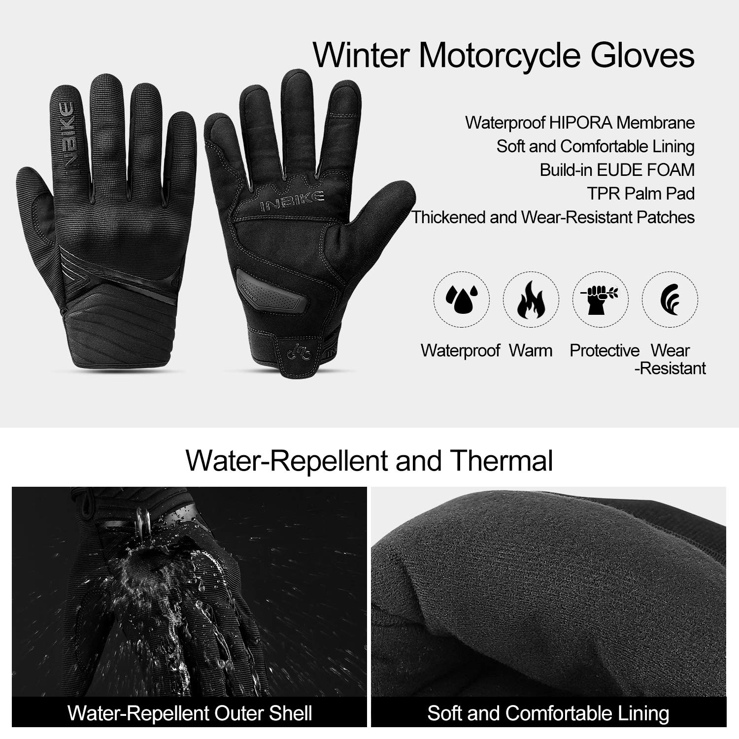 INBIKE Waterproof Winter Motorcycle Gloves, Thermal Fleece, Touchscreen, Large, Black