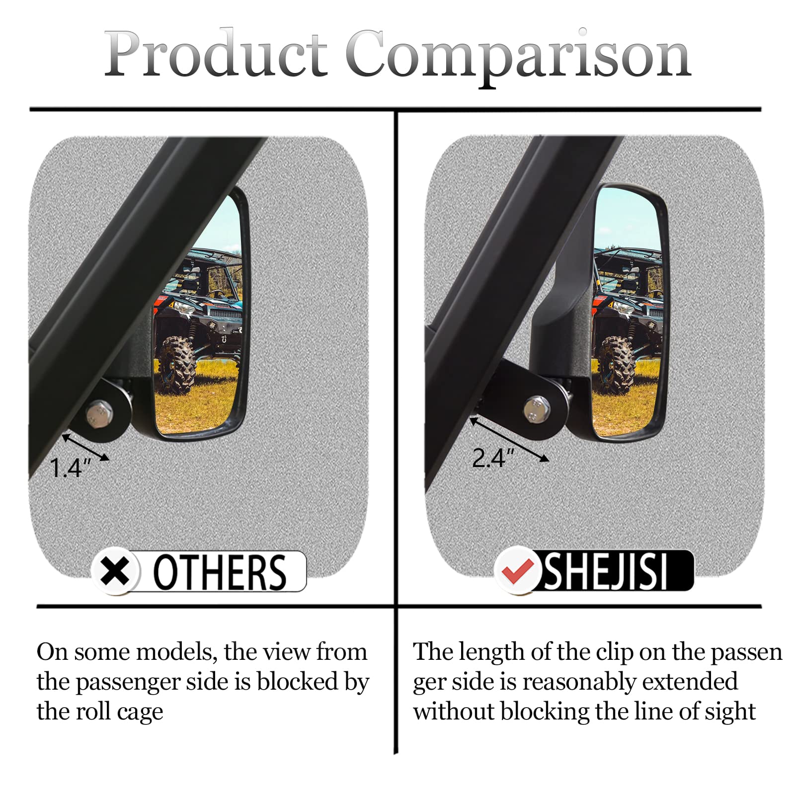 Ranger Side Mirror, SHEJISI UTV Side Mirrors,Especially Improved The Length of The Right Fixture, So That it Does not Block The