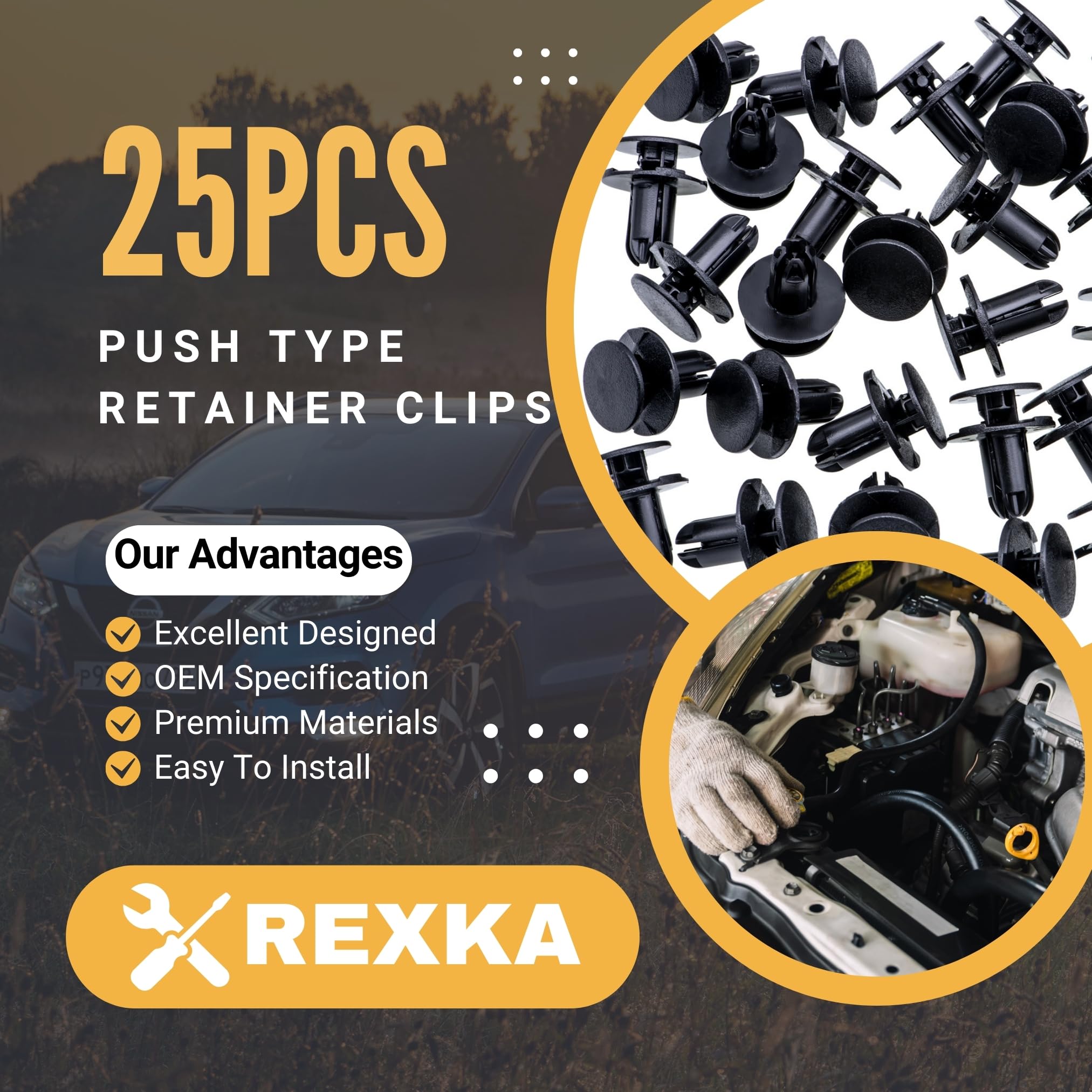 Rexka 25Pcs Fender Liner Push-Type Retainer Clip Fastener Compatible With Hyundai Kia 86595-2T500 Accent,Azera,Elantra,Equus,Gen