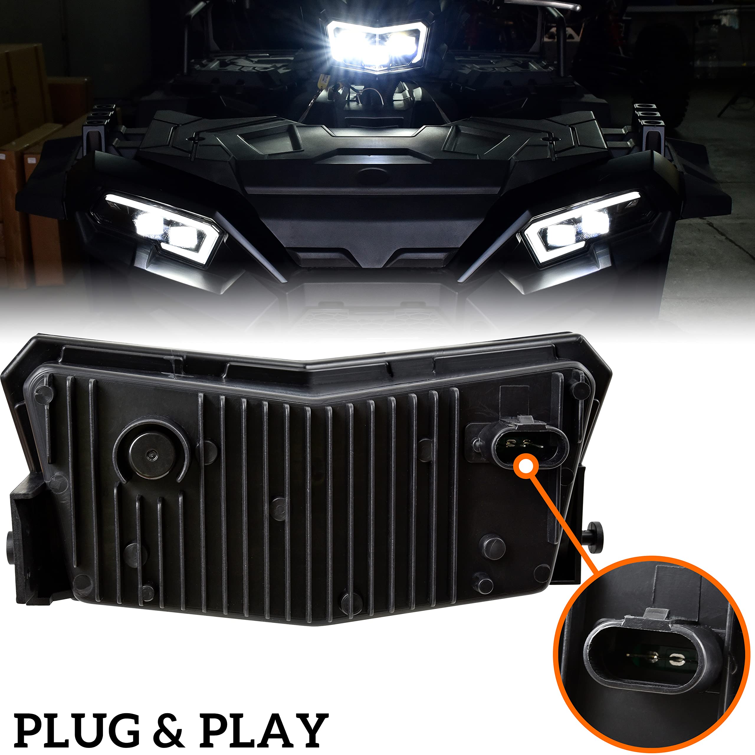 SAUTVS LED Headlight Assembly for Polaris Sportsman 2017-2024, Clear Pod Light with High Beam DRL Halo Rings, Model ZP-YJ-030501-011