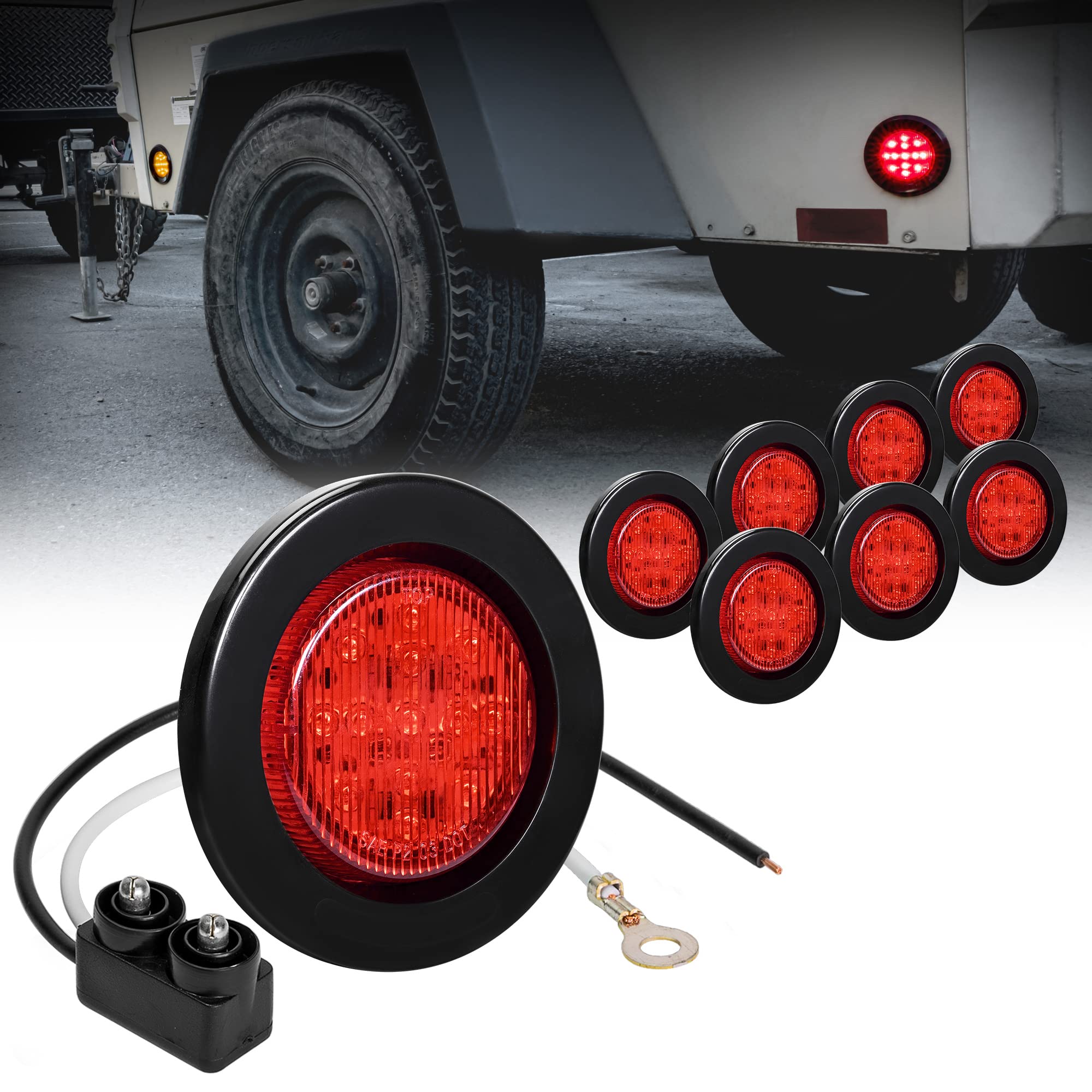 8Pc 2.5'' Red Round Trailer Led Clearance Marker Lights [Dot Fmvss 108] [Sae P2] [Reflector Lens] [Grommet] [Flush-Mount] [Water