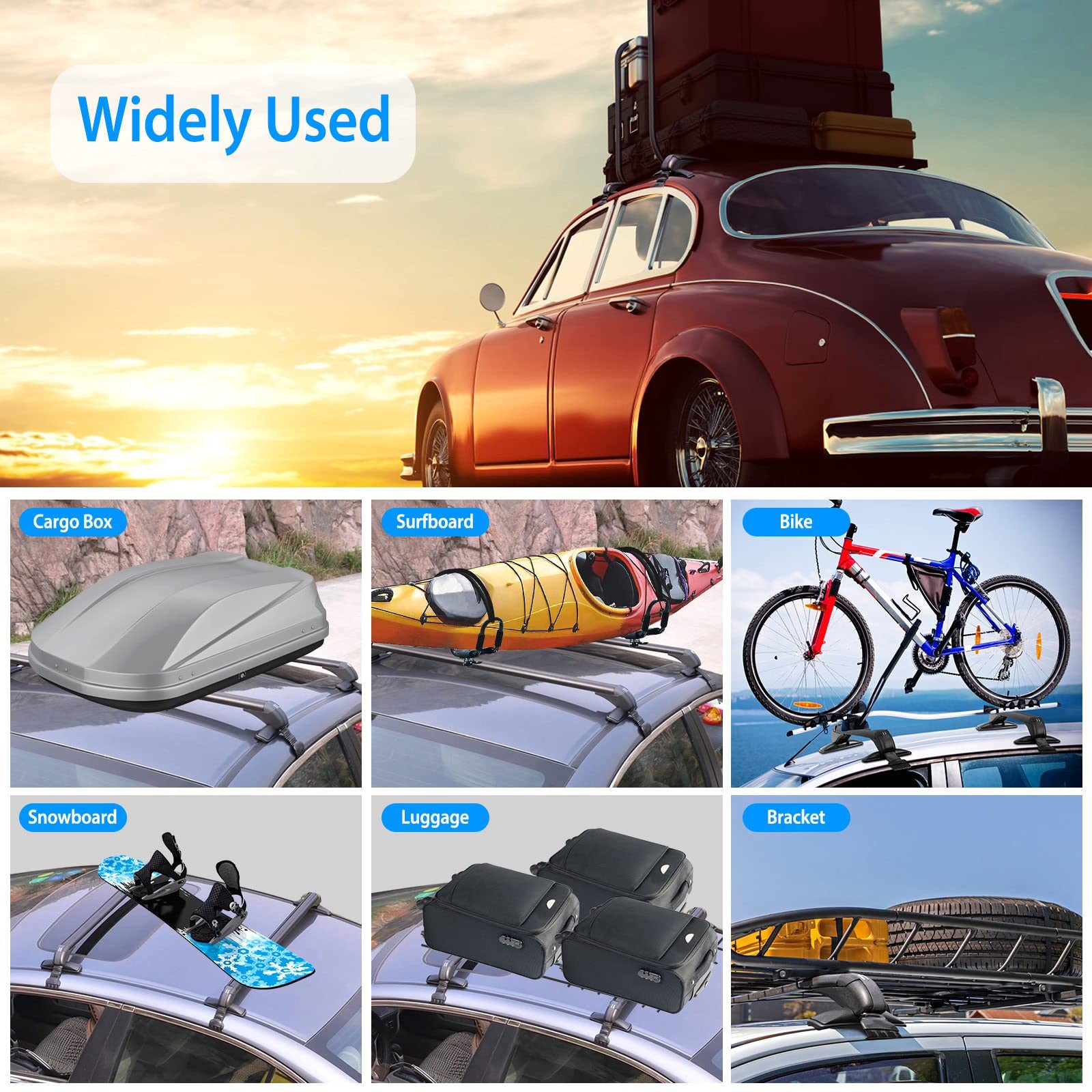 Kocaso Universal Roof Rack, 48'' Car Top Roof Rack Cross Bar Luggage Carrier With Anti-Theft Lock,Adjustable Window Frame Roof Bars For Bare Roof Luggage Rack,Sboards,Kayaks,Canoes,Bikes,220Lbs Black