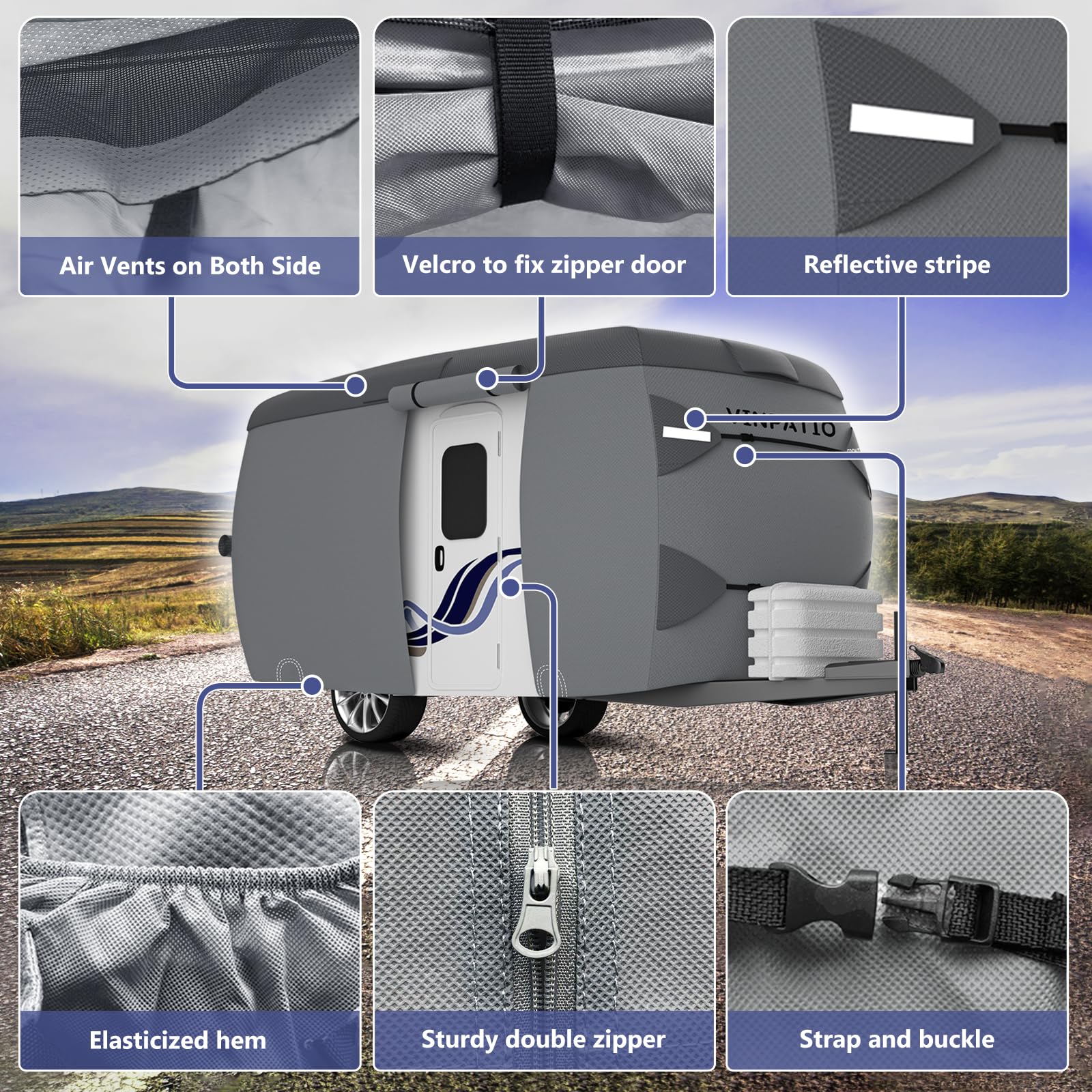 VINPATIO Fiberglass Trailer Cover : Camper Cover Fits 8'-10' Trailers, 7 Layers Top Heavy Duty Travel Trailer Cover with Windpro