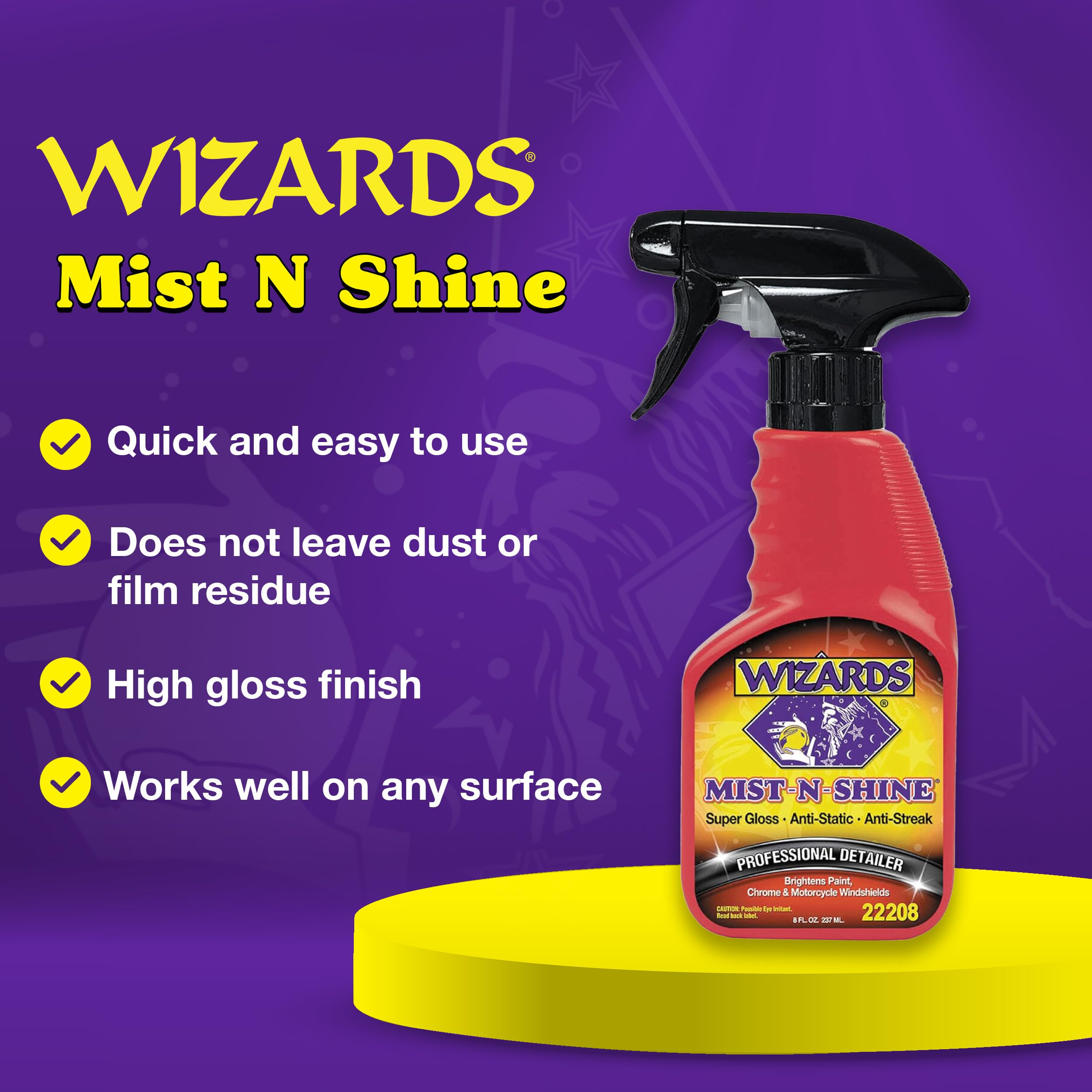 Wizards Mist-N-Shine Professional Detailer - 8 oz Multi-Use Glass Cleaner for Vehicles - Adds Gloss to Paint, Chrome & Glass