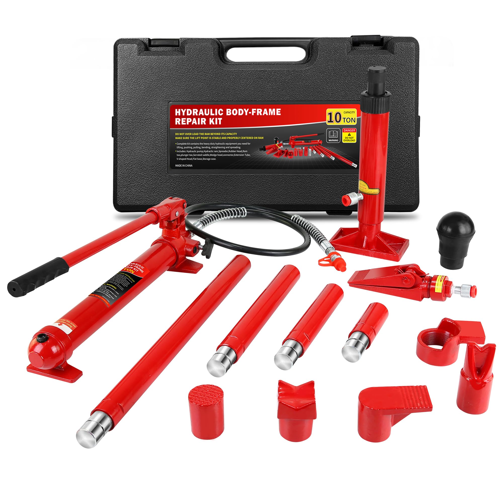 10 Ton Porta Power Kit, Portable Hydraulic Jack with 4.7 ft/1.43 m Oil Hose, 17 Pcs Hydraulic Ram, 20000 Lbs Capacity, Max Lifti