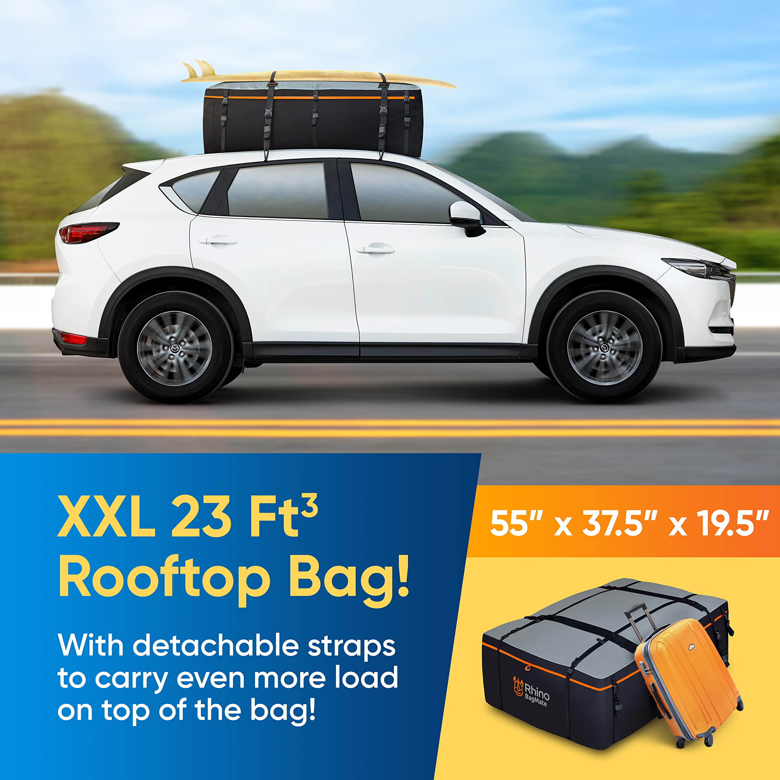 BagMate Military-Grade Waterproof Roof Bag - XXL 23 Cu. Ft. Cargo Carrier, PVC, Black, Model RBM-CRB, Includes 4 Door Hooks and Extra Strap