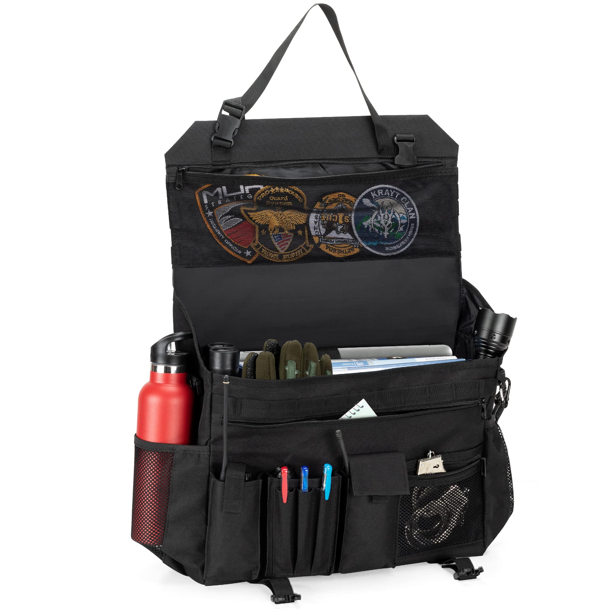 Trunab Patrol Bag, Car Front Seat Organizer, Police Duty Bag For Law Enforcement With 15.6” Laptop Sleeve, Molle Webbing, Multiple Compartment, Removable Strap, Black