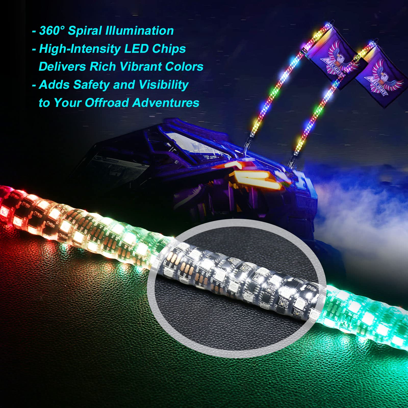 2PCS 3FT LED Whip Lights,RF Wireless Remote,500 Kinds Patterns 600 Kinds of Color Combinations,RGR Chasing Lighted Antenna Whips