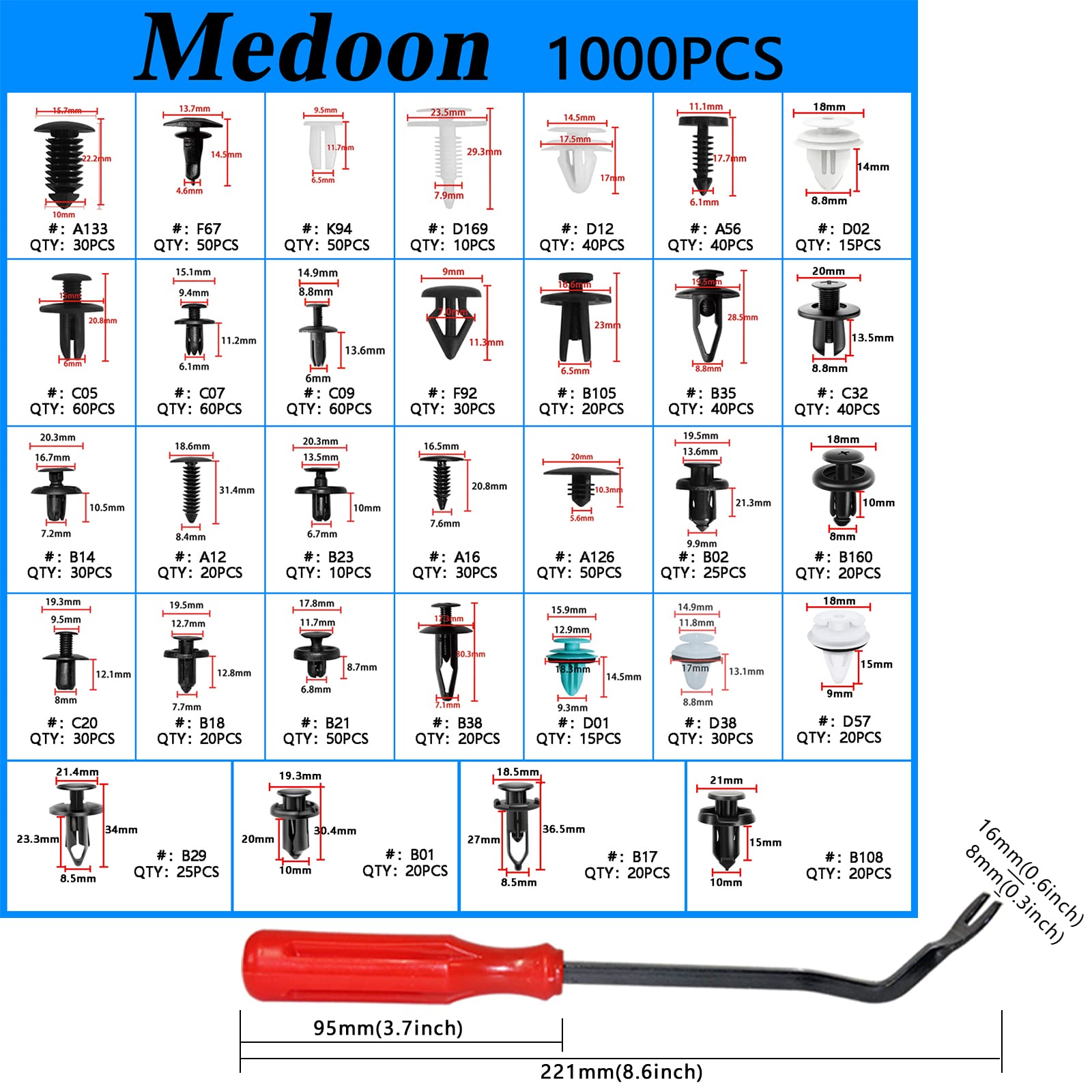 Medoon Car Retainer Clips 1101 PCS Car Door Panel Trim Clips Kit 32 Most Popular Sizes Cars Body Kits 1 Pcs Fastener Remover for