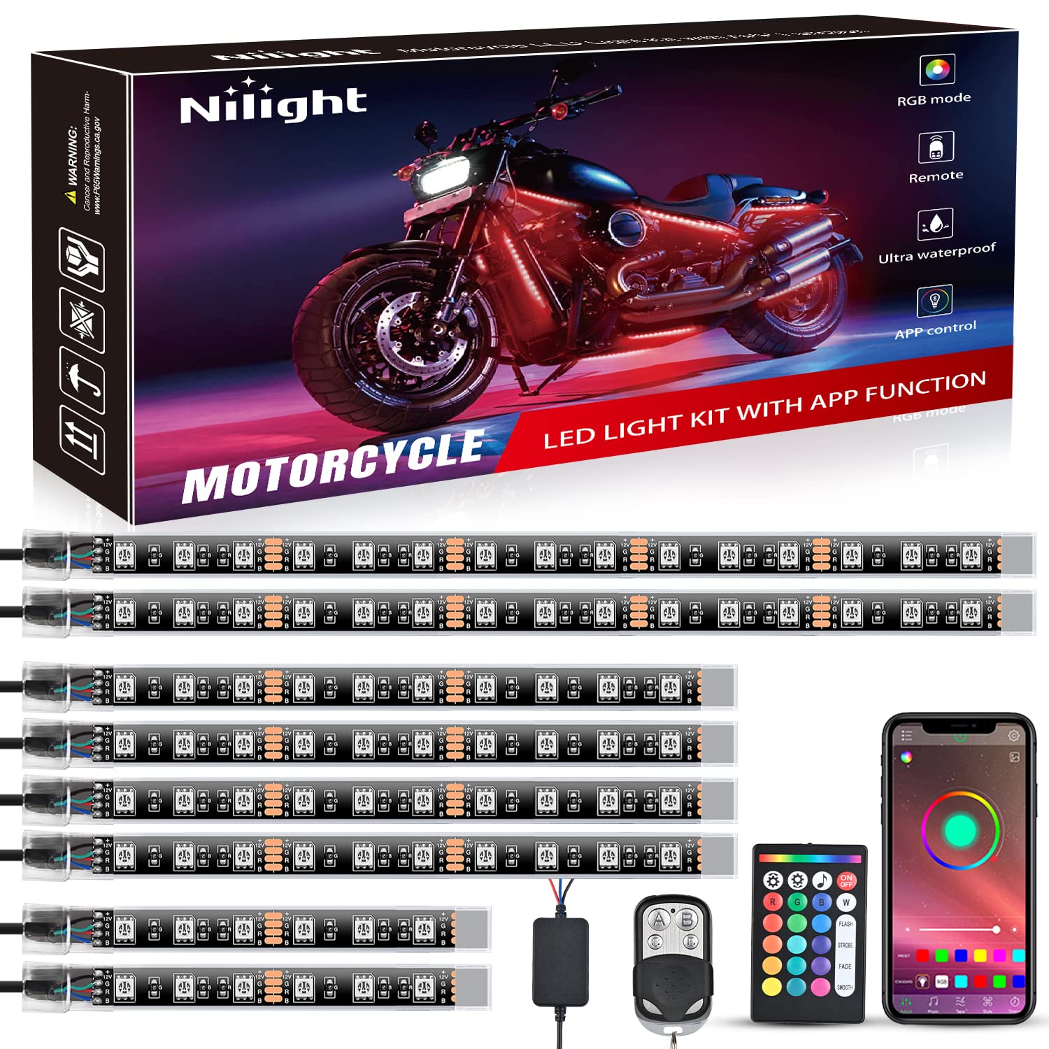 Nilight 8Pcs Motorcycle Rgb Led Light Kit Waterproof Multi Color Atmosphere Neon Accent App And Remote Control Underbody Strips