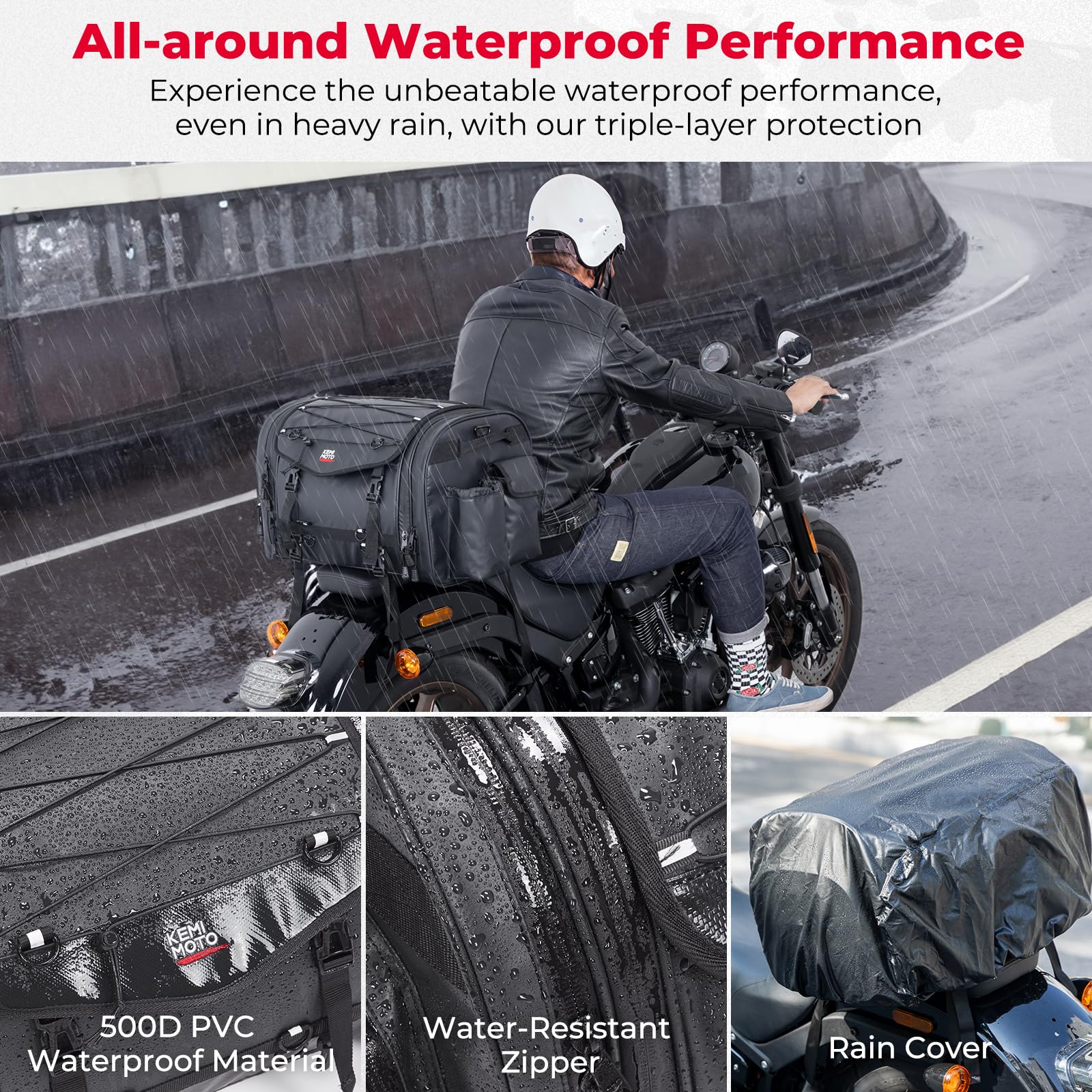 KEMIMOTO 60L Motorcycle Tail Bag - Waterproof Black Pannier with Rain Cover & Straps, Model F1116-06401BK