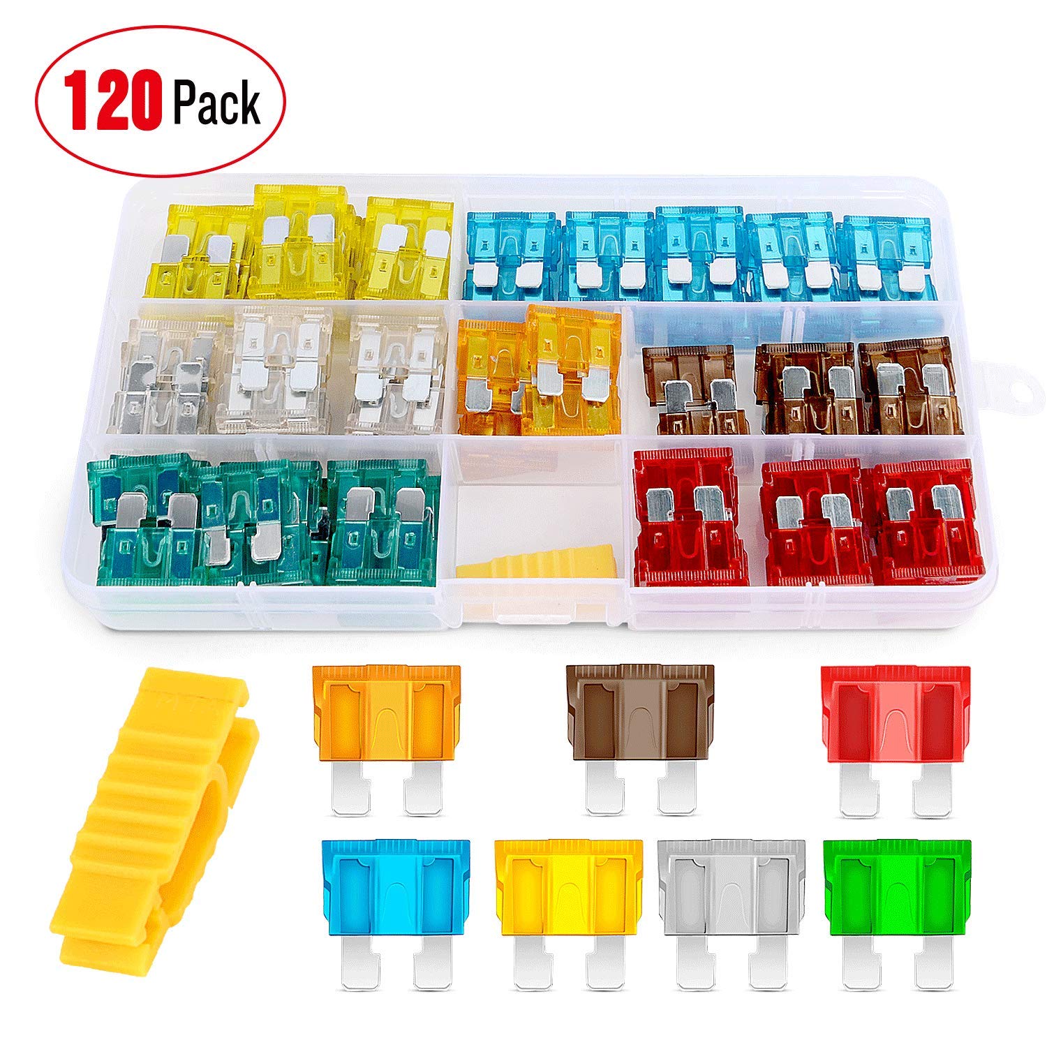 Nilight - 50029R 120 Pcs Standard Blade Fuse 5A/7.5A/10A/15A/20A/25A/30A AMP Assorted Set with 10 Pack 14AWG ATC/ATO Inline Fuse