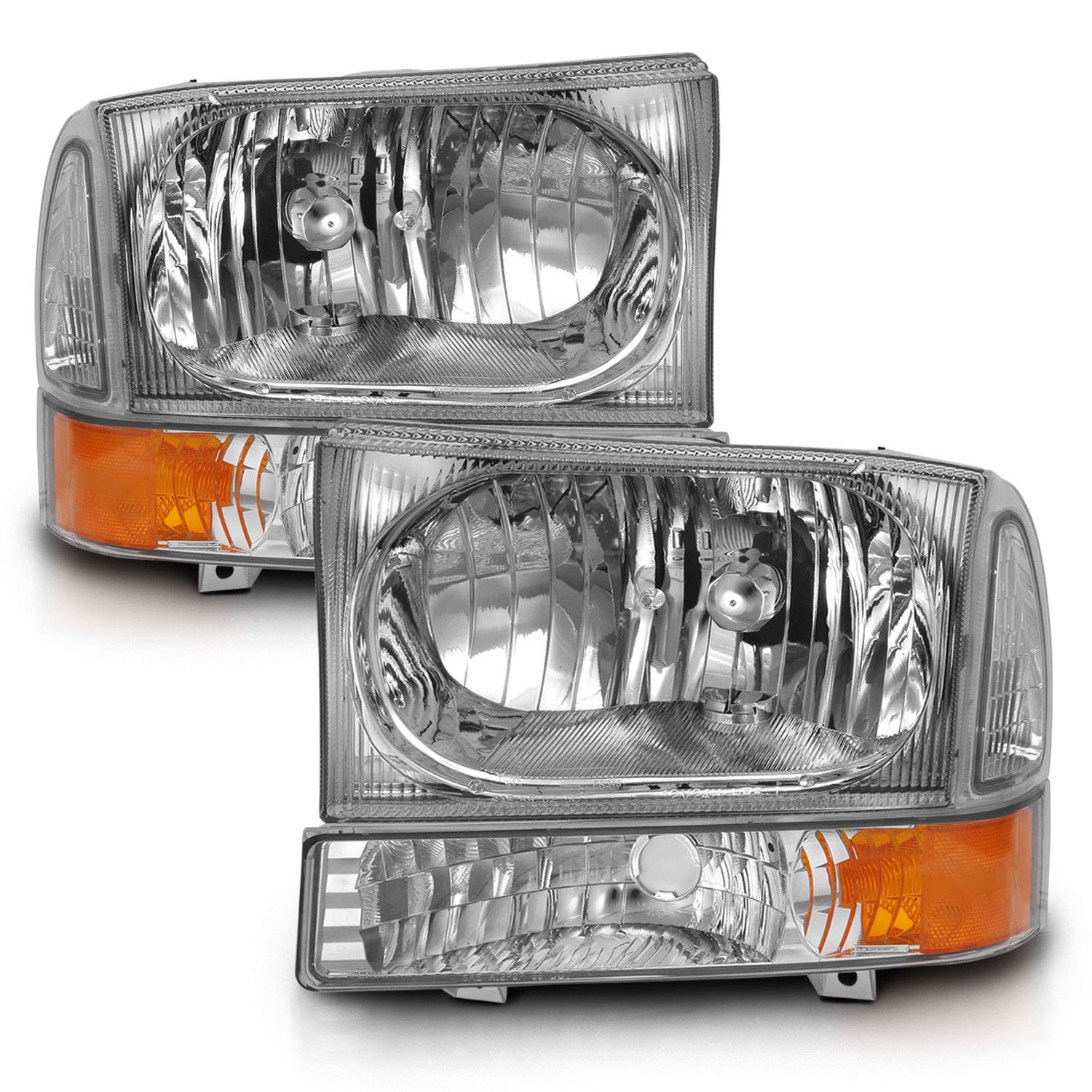 AmeriLite Chrome Replacement Headlights for 1999-2004 Ford Super Duty F250 F350 F450 F550 & Excursion - Driver & Passenger Side Set