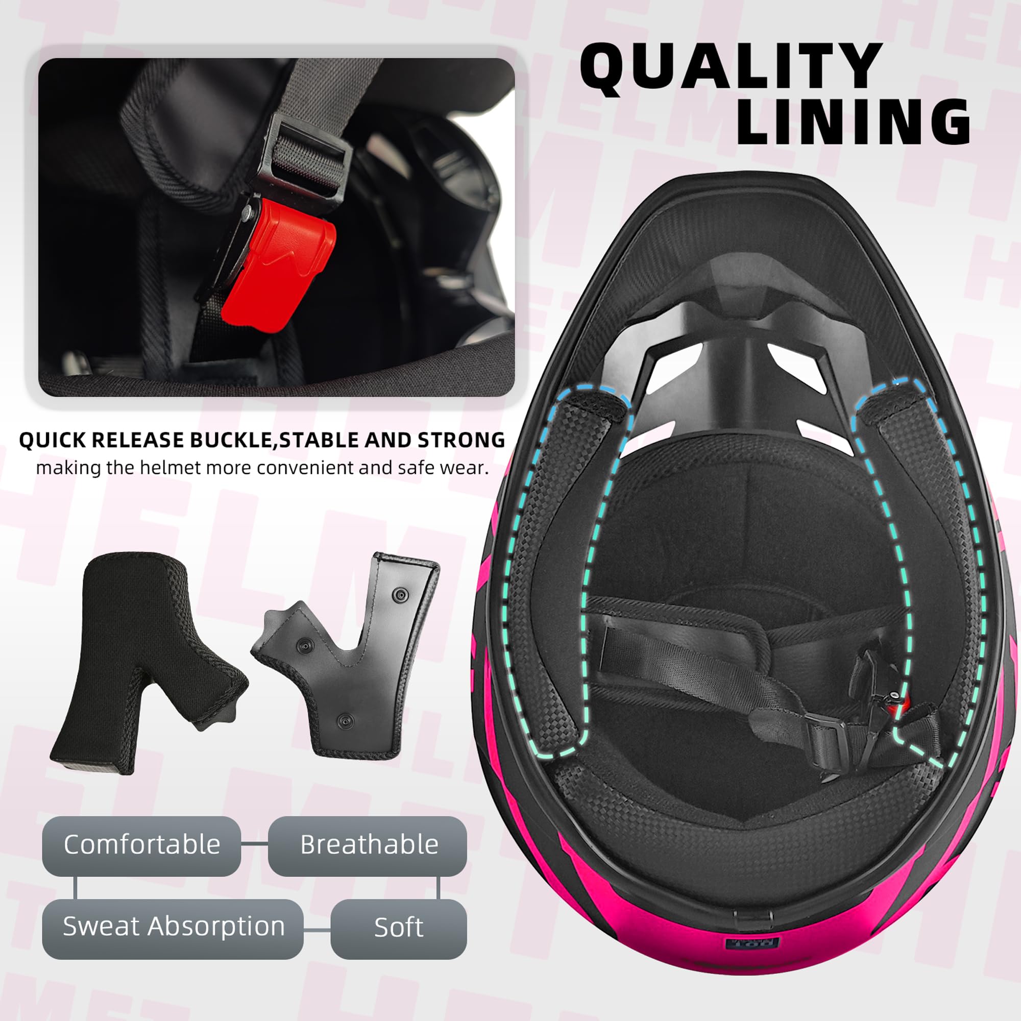 SanQing Motocross Helmet, DOT Certified, Medium, 01 Pink, Includes Gloves, Goggles, Mask - Youth & Adult ATV/Dirt Bike/BMX