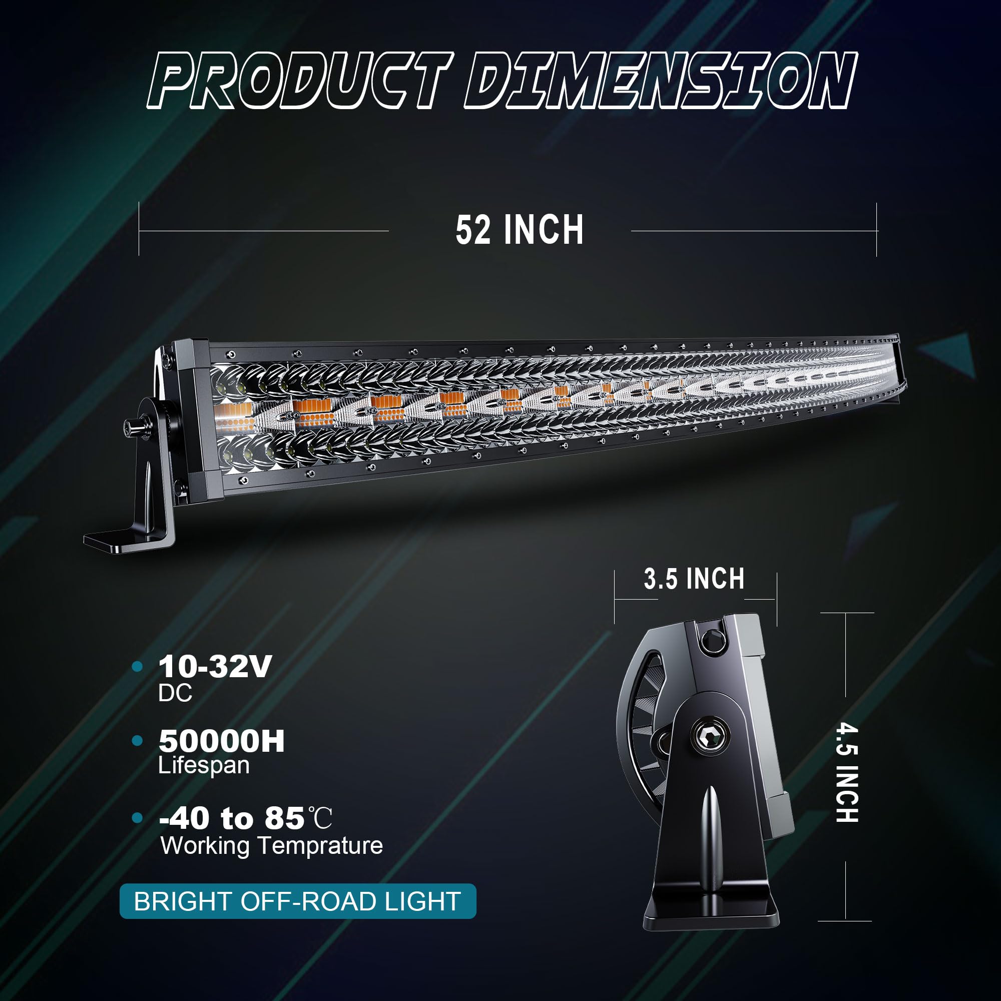 SLARY 52" Curved 300W LED Light Bar - White/Amber Strobe, Six Modes for Offroad Truck, ATV, UTV - Model SL-NB-HBBS-52
