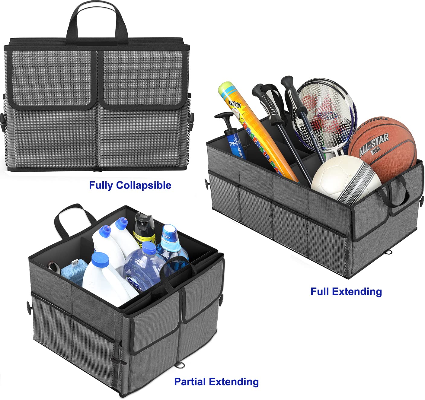 Epauto Foldable Car Trunk Organizer, 3-Compartment With Removable Divider, Dark Gray