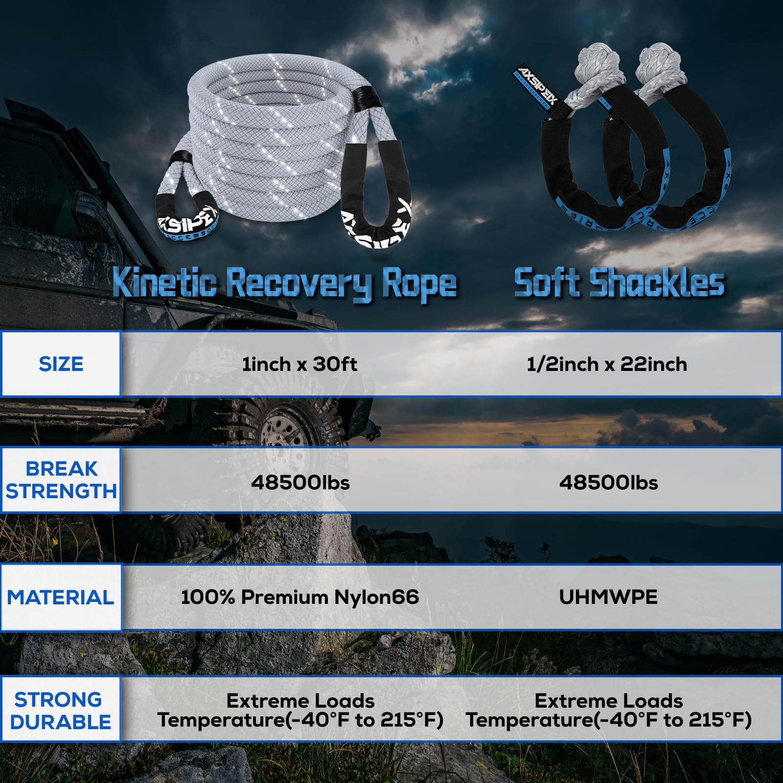 Axsipeix 1''  30Ft Kinetic Recovery Rope (48,500Lbs) Heavy Duty Offroad Recovery Rope With 2 Soft Shackles 1/2'' X 22'' Offroad