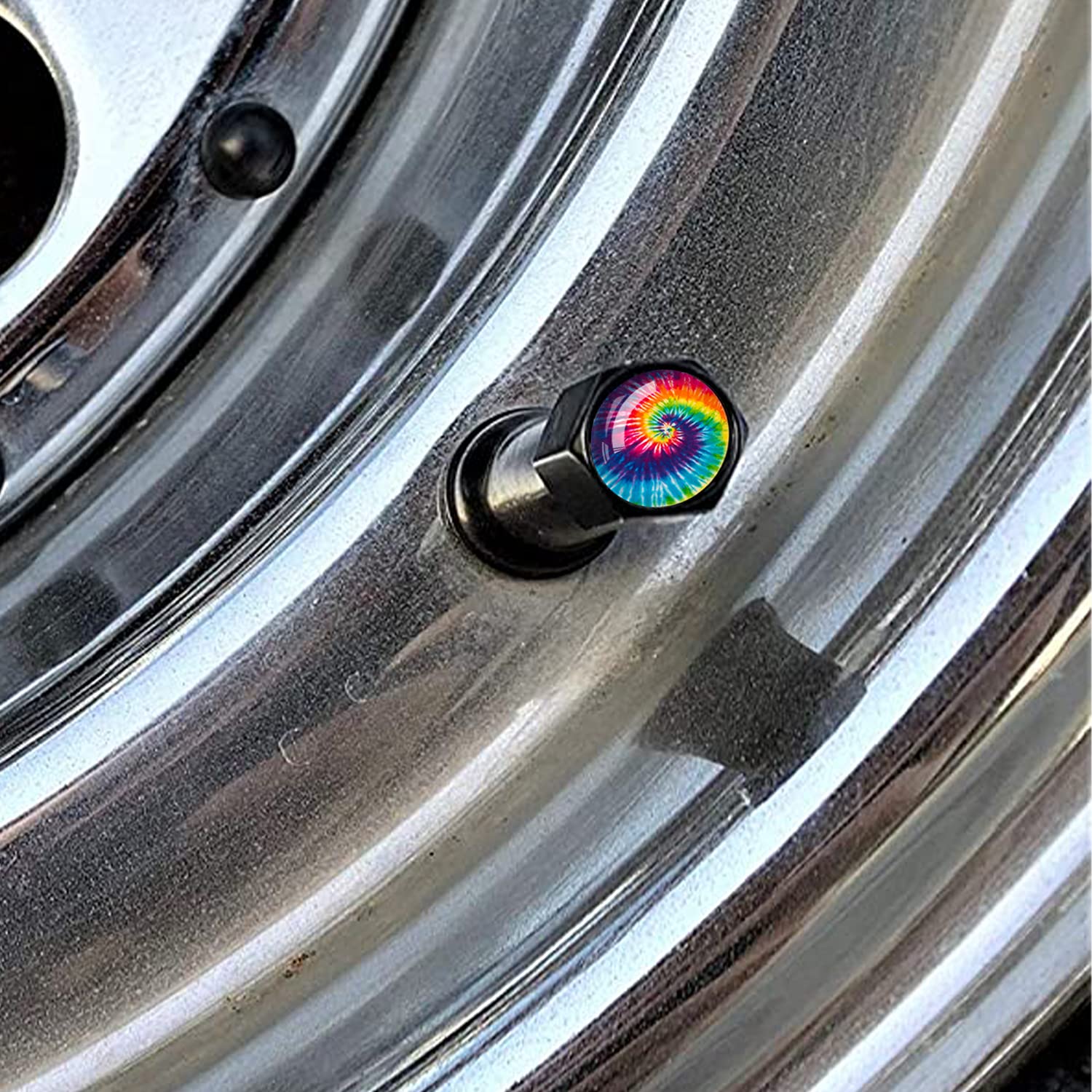 Metal Car Wheel Tire Valve Stem Caps 4 Pack Cool Tie Dye Pattern Aluminum Car Tire Air Valve Caps For Cars, Trucks, Bikes, Motor