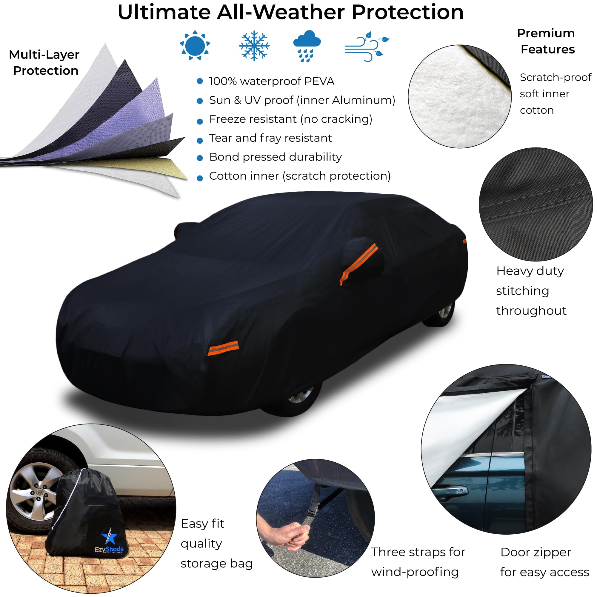 EzyShade Car Cover Waterproof All Weather A4 Black - Durable PE & Aluminum for Rain, Sun, Wind, Snow - Model EzyAlCarCov-BlackA0