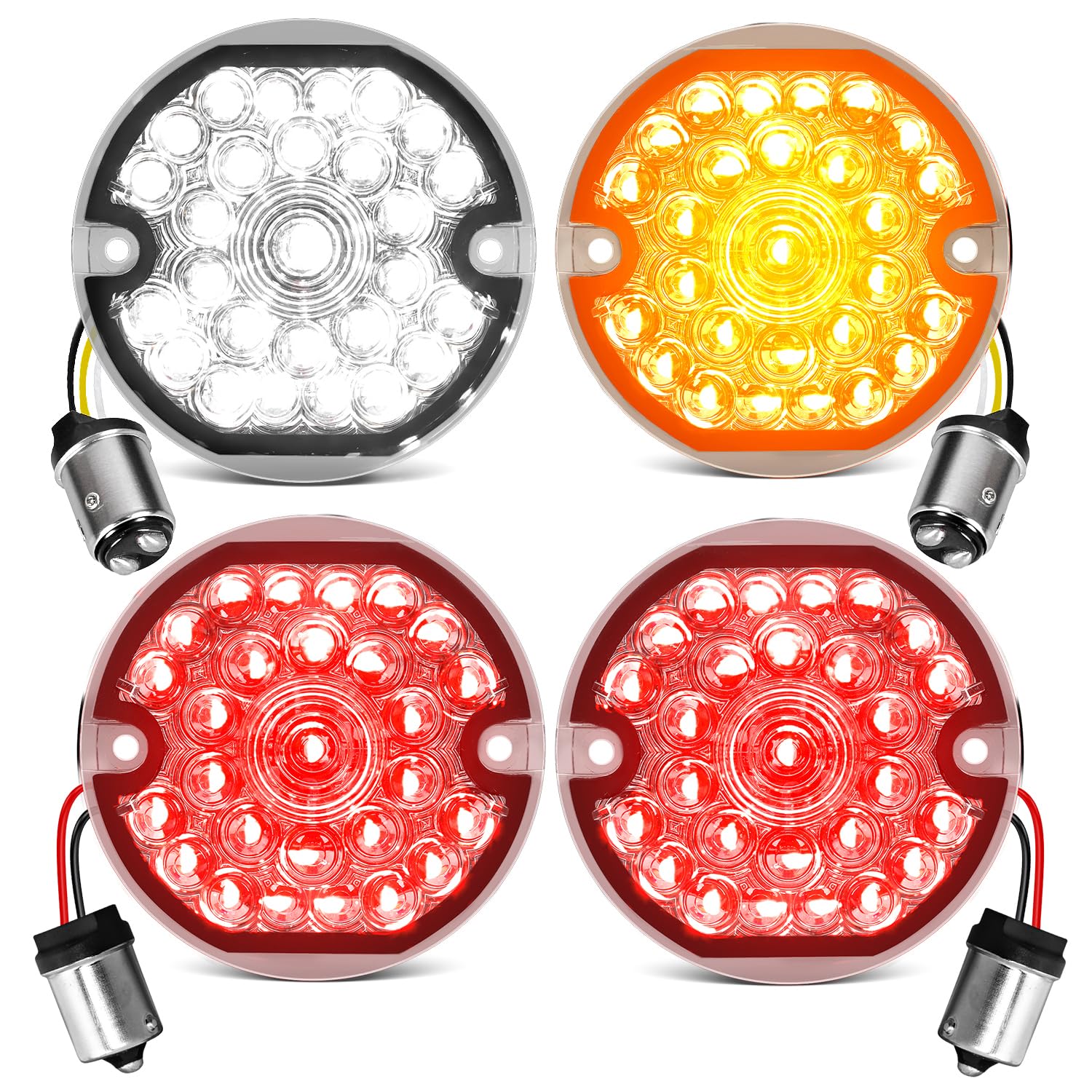 3-1/4 Inch Led Turn Signal Kit 1157 Double Base White/Amber Front Turn Signal + 1156 Single Connector Red Rear Signal Lights Com