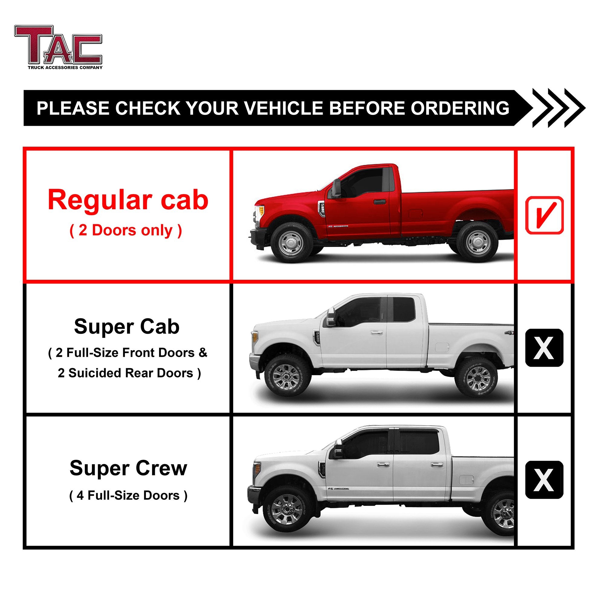 TAC Side Step Fit 2015-2024 Ford F150 Regular Cab | 2017-2024 Ford F250/F350/F450/F550 Super Duty Regular Cab 3'' Black Nerf Bar