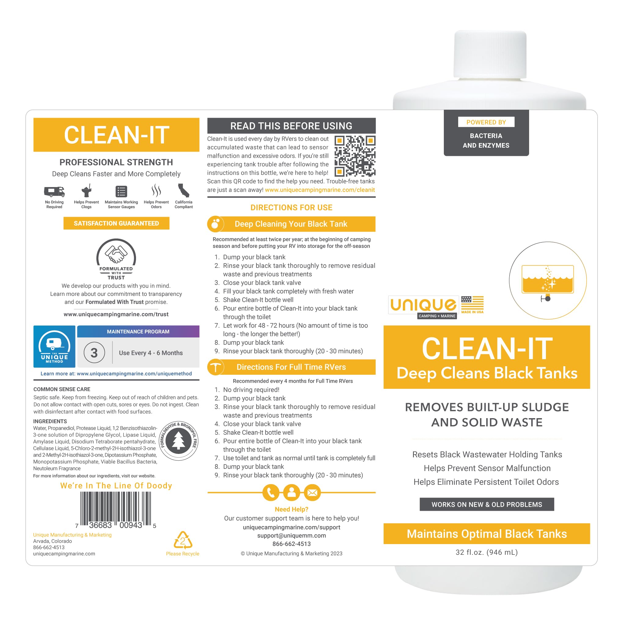 Unique RV Black Tank Cleaner - Enzyme Deep Cleaner, 32 oz., Model 41Q-1-AZ, Eliminates Odor, Digests Waste Build-up
