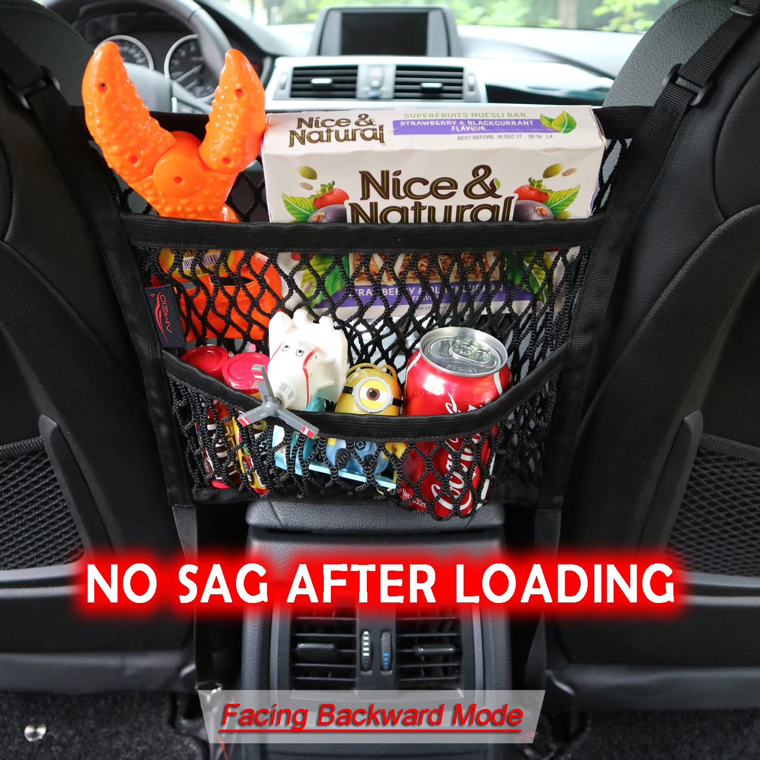 Ameiq Car Accessories, Car Organizer Storage Between Front Seats, Car Purse Holder, Handbag Holder Of 3 Layers Mesh Net Pocket Bag, Backseat Dog Pet Barrier, Patented