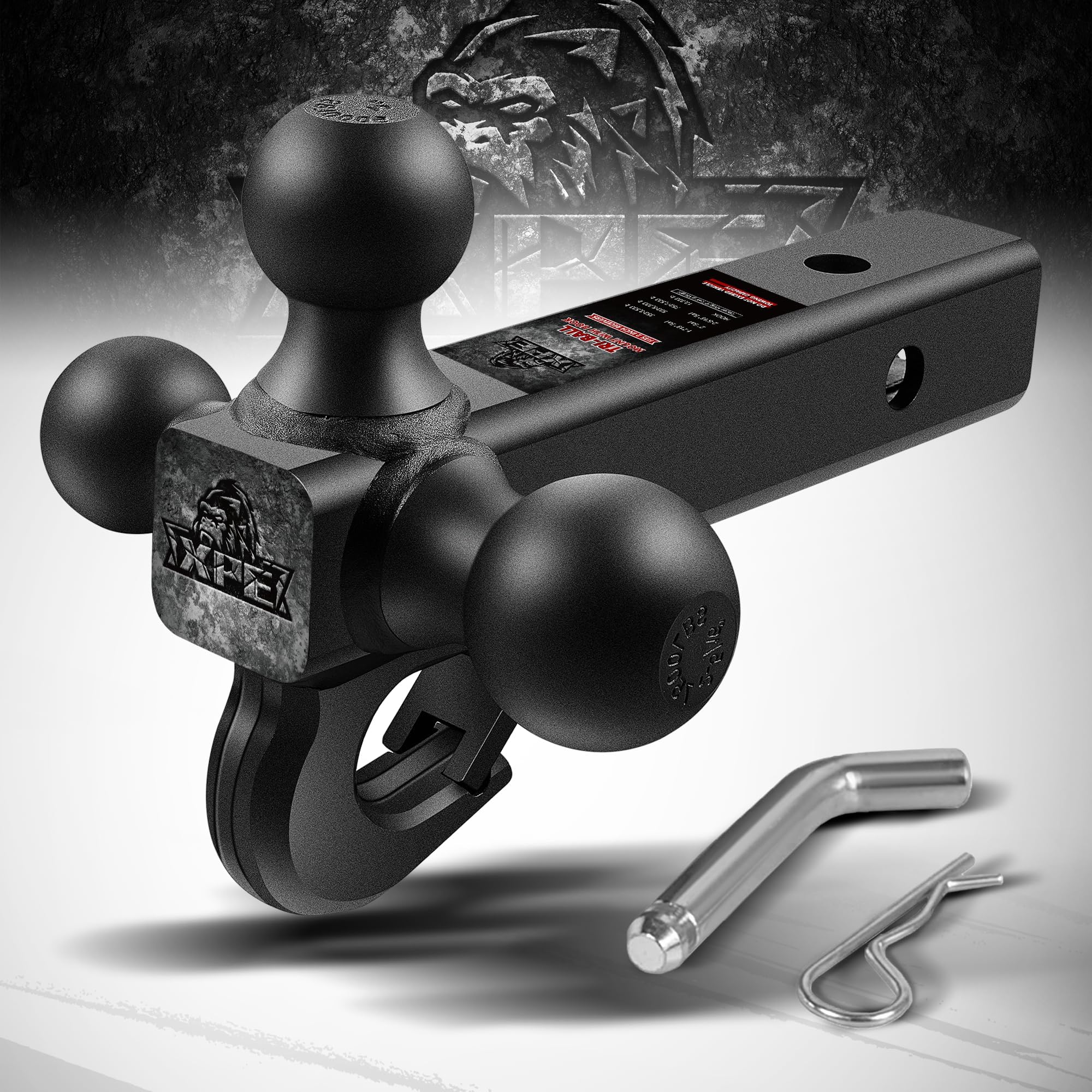 Trailer Hitch Tri Ball Mount With Hook,Fits 2    Hitch Receiver,1-7/8'', 2''& 2-5/16''Matt Black Plated Balls ,Secure With Self-