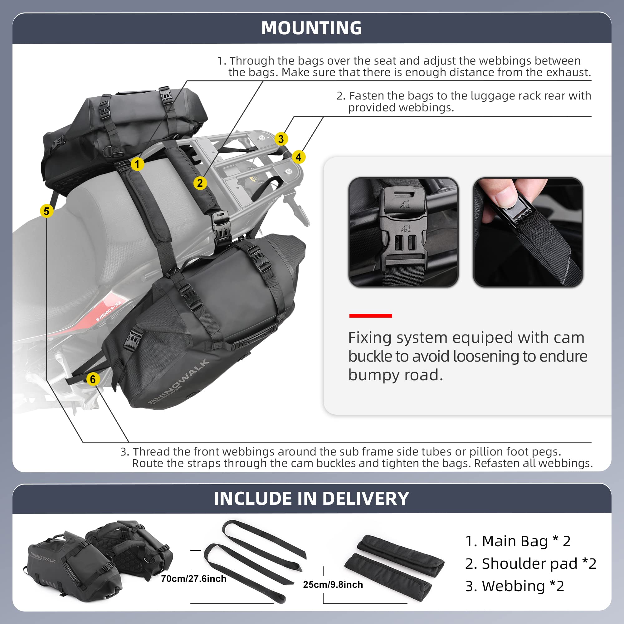 Rhinowalk Motorcycle Saddle bags, Waterproof motorcycle saddlebags, shoulder bag 48L(24L*2), for most Adventure and Sport Motorc