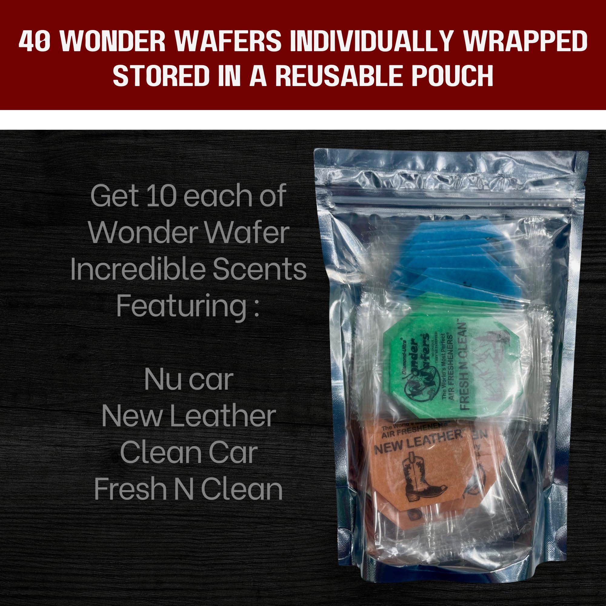 CHAPTER 29 Wonder Wafers Car Air Fresheners - 40 Pack Variety (Nu Car, New Leather, Clean Car, Fresh N Clean) - Silver