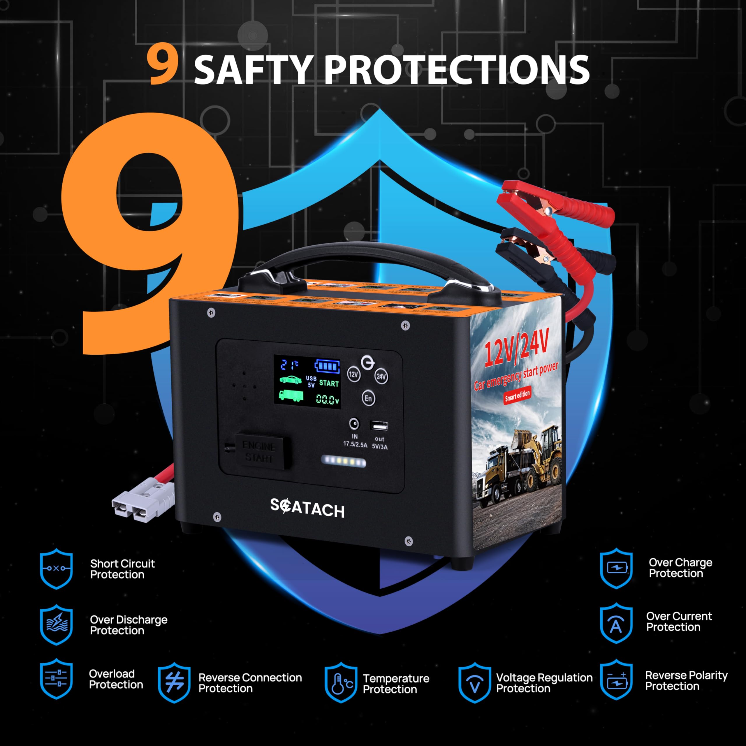 Scatach 10000A Jump Starter, 24V 155WH for All Gas & Diesel Engines, Model V10-1, Heavy Duty Portable Power Bank, Color S-V10-1