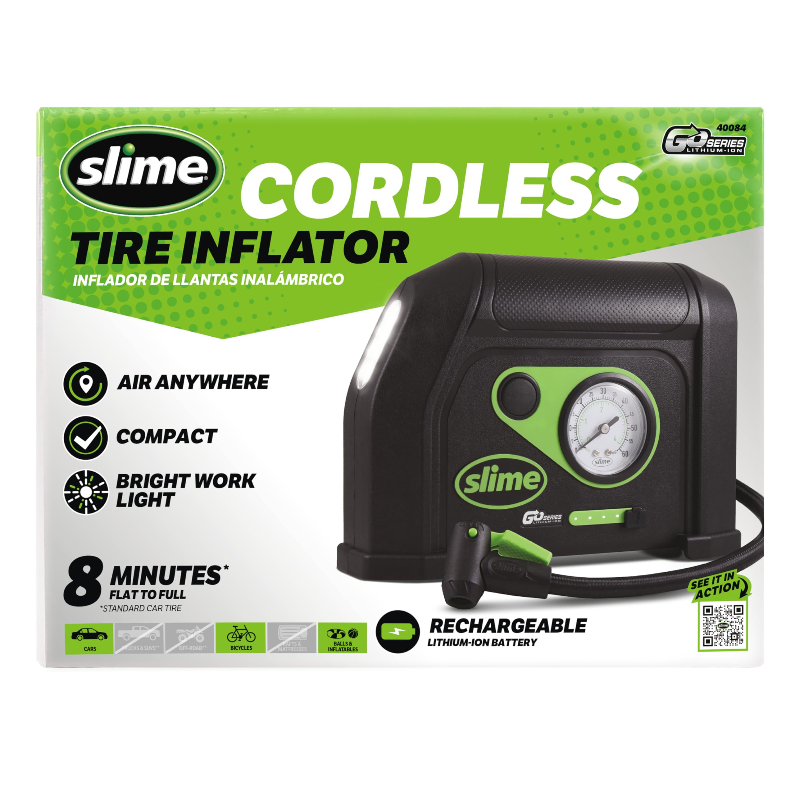 Slime 40084 Tire Inflator, Cordless, Portable Air Compressor Pump, Lithium Ion Battery and LED Light, Rechargeable, 8 min Inflat