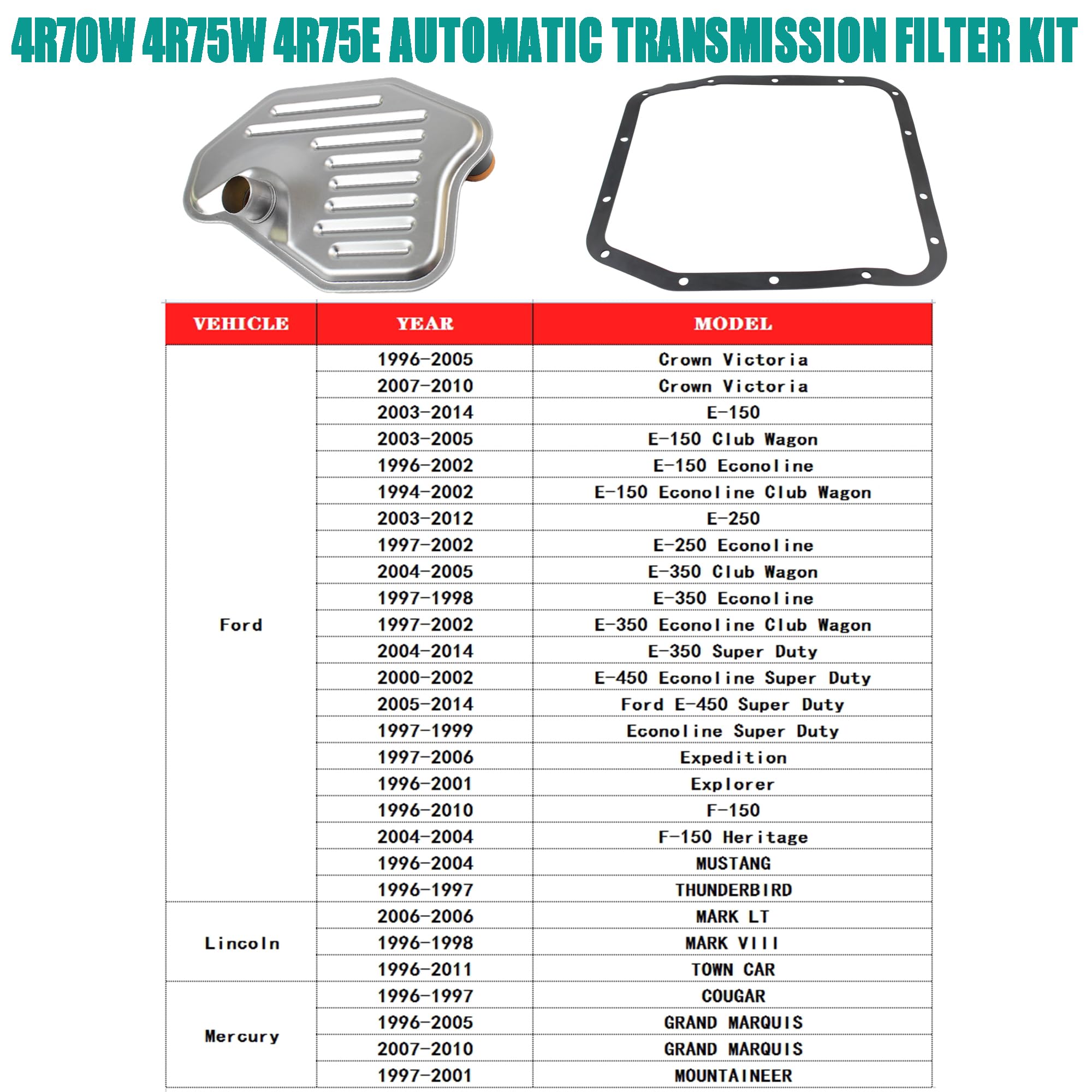 YzusGomumu 4R70W 4R75W 4R75E Automatic Transmission Filter Kit Compatible with 1994-2010 Ford F150 Expedition Mus-tang Crown Vic