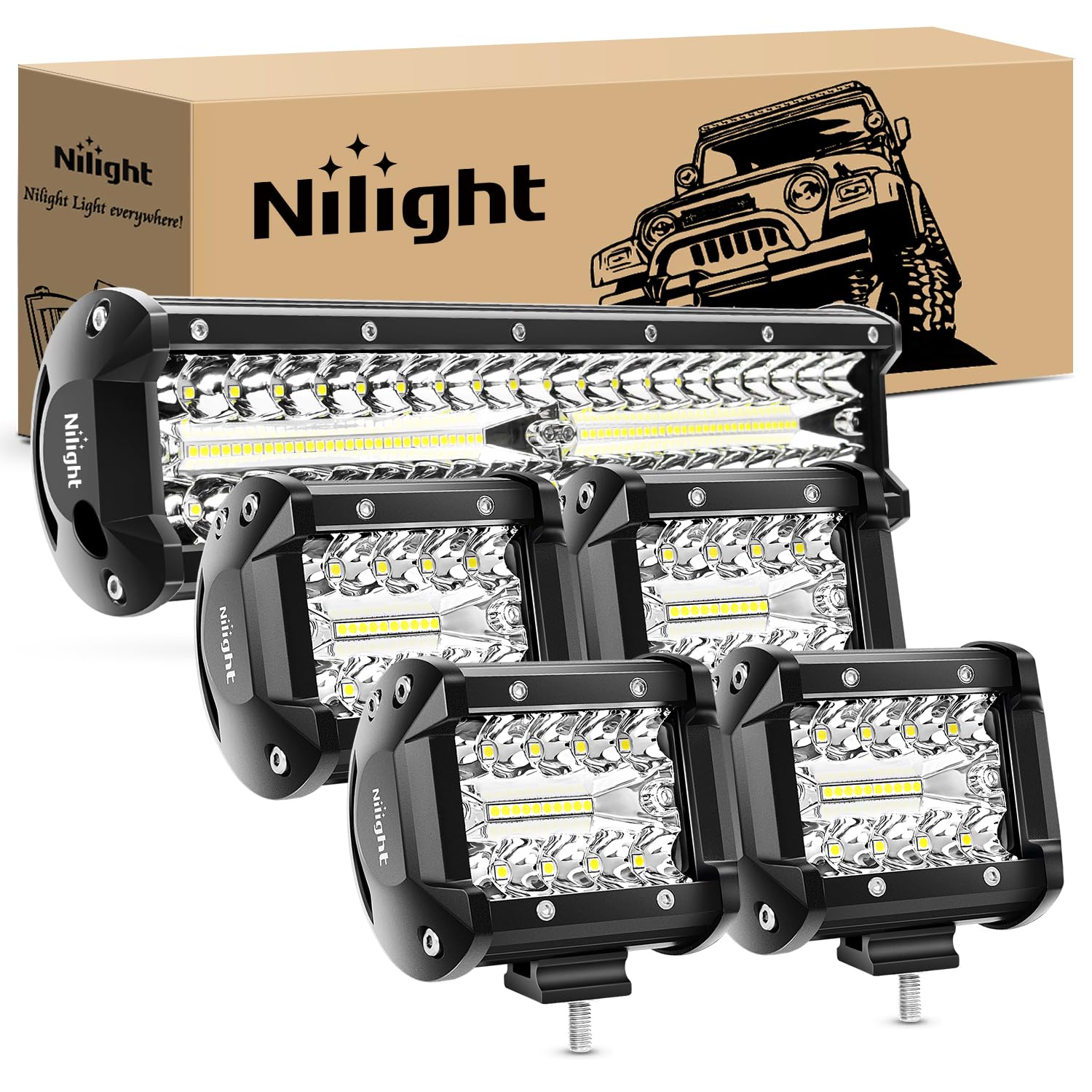 Nilight Led Light Bar 12 Inch 300W 4Pcs 4 Inch 60W Spot Flood Pods Off Road Driving Fog Work Lighting For Truck Tractor Pickup B