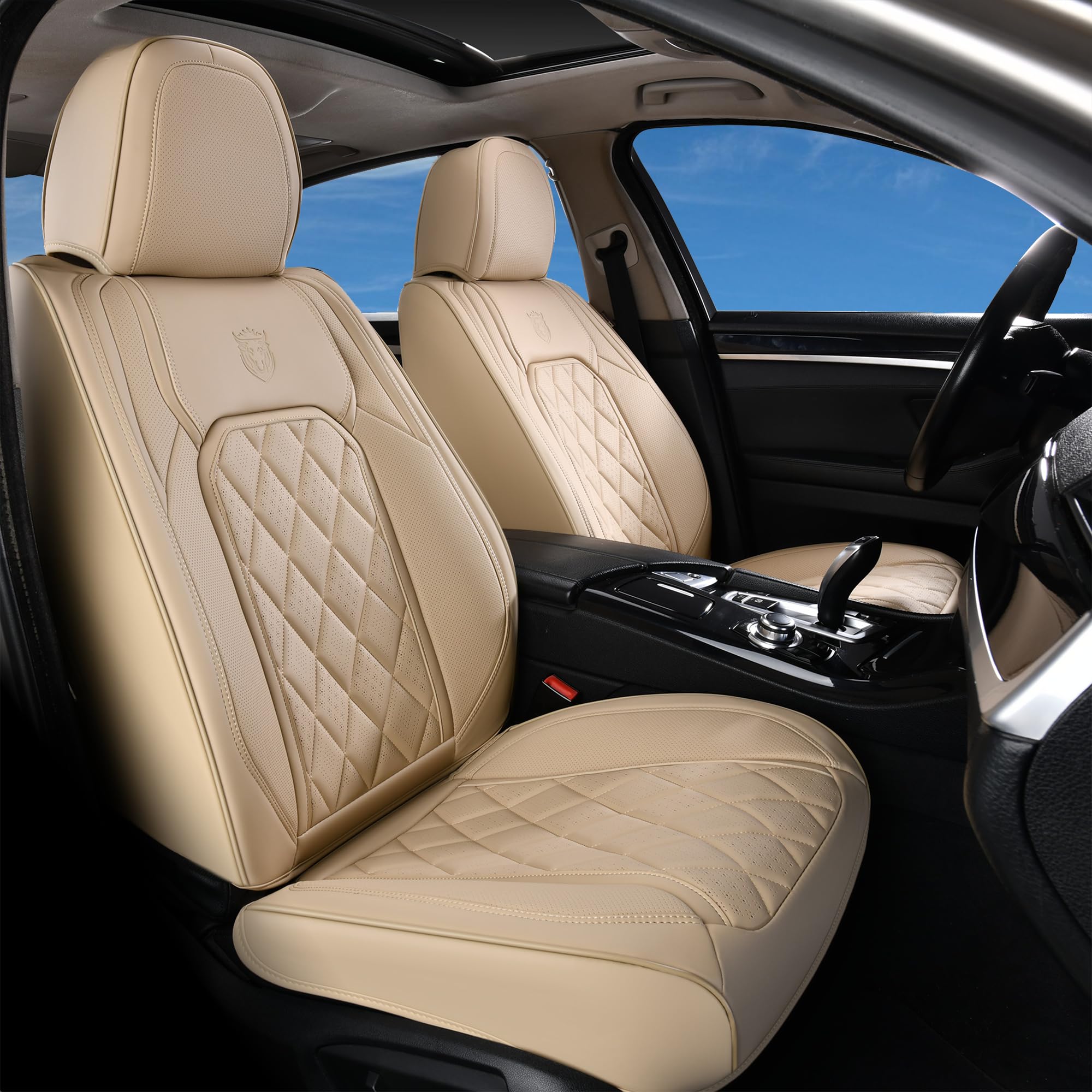 Coverado Front Seat Covers, Luxury Faux Leather Waterproof Seat Cover, Beige Car Seat Protector, Car Seat Cover Front Seats, Aut
