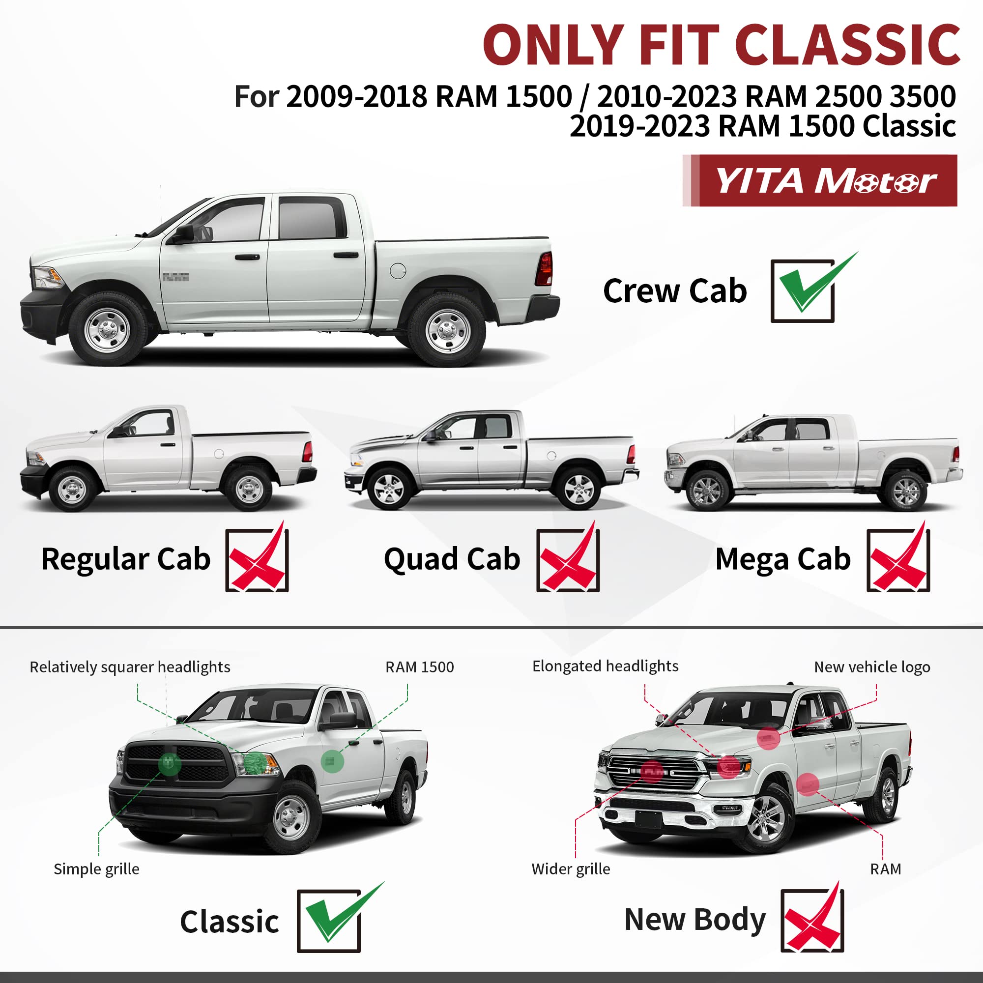 Yitamotor 6.5 Inches Running Boards Compatible With 2009-2018 Dodge Ram 1500 & 2010-2022 2500 3500 Crew Cab Black Textured Nerf