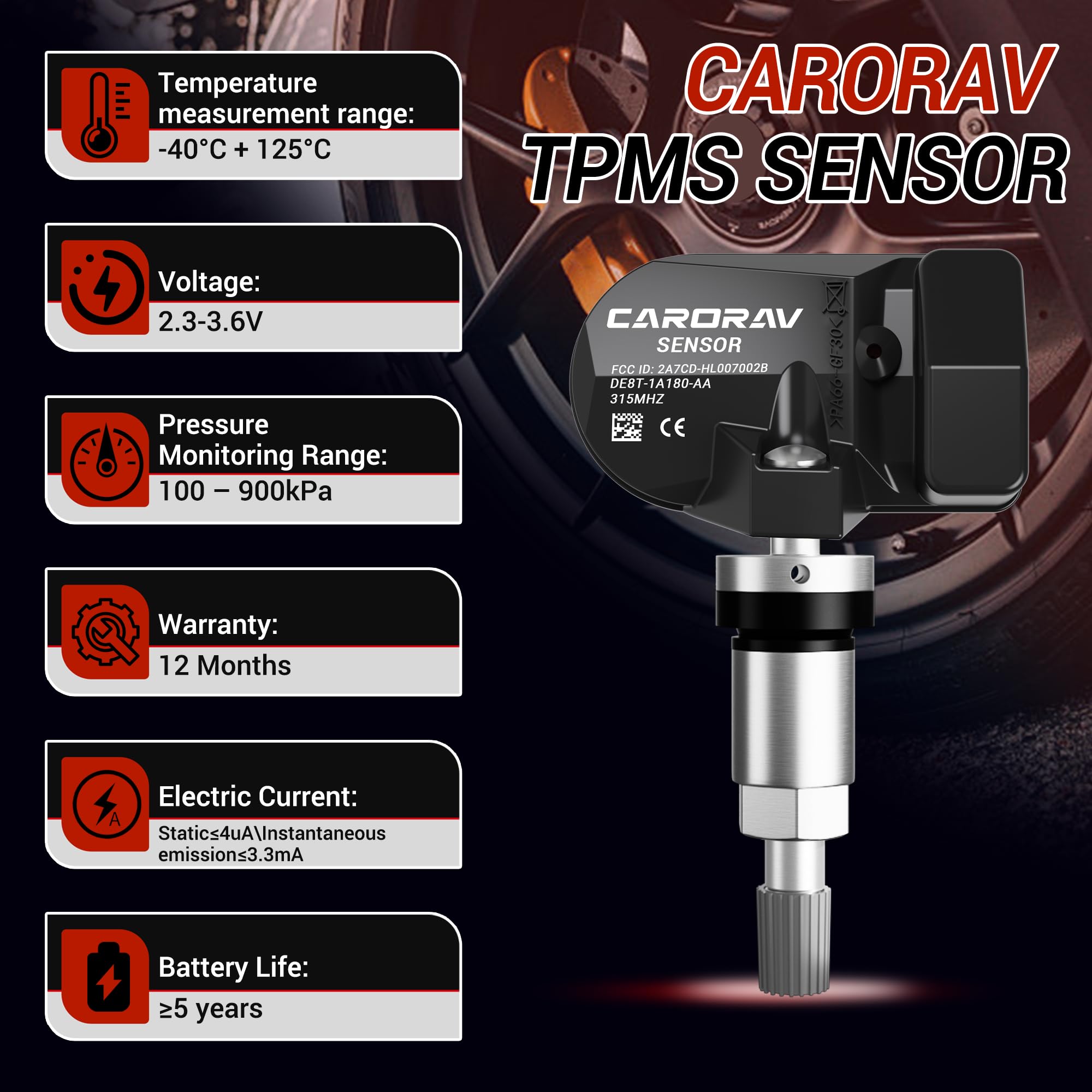 CARORAV 1-Pack TPMS Sensor, 315MHZ Tire Pressure Monitoring System Sensor fit for Ford F150 F250 F350 Explorer Focus Fusion, Lin